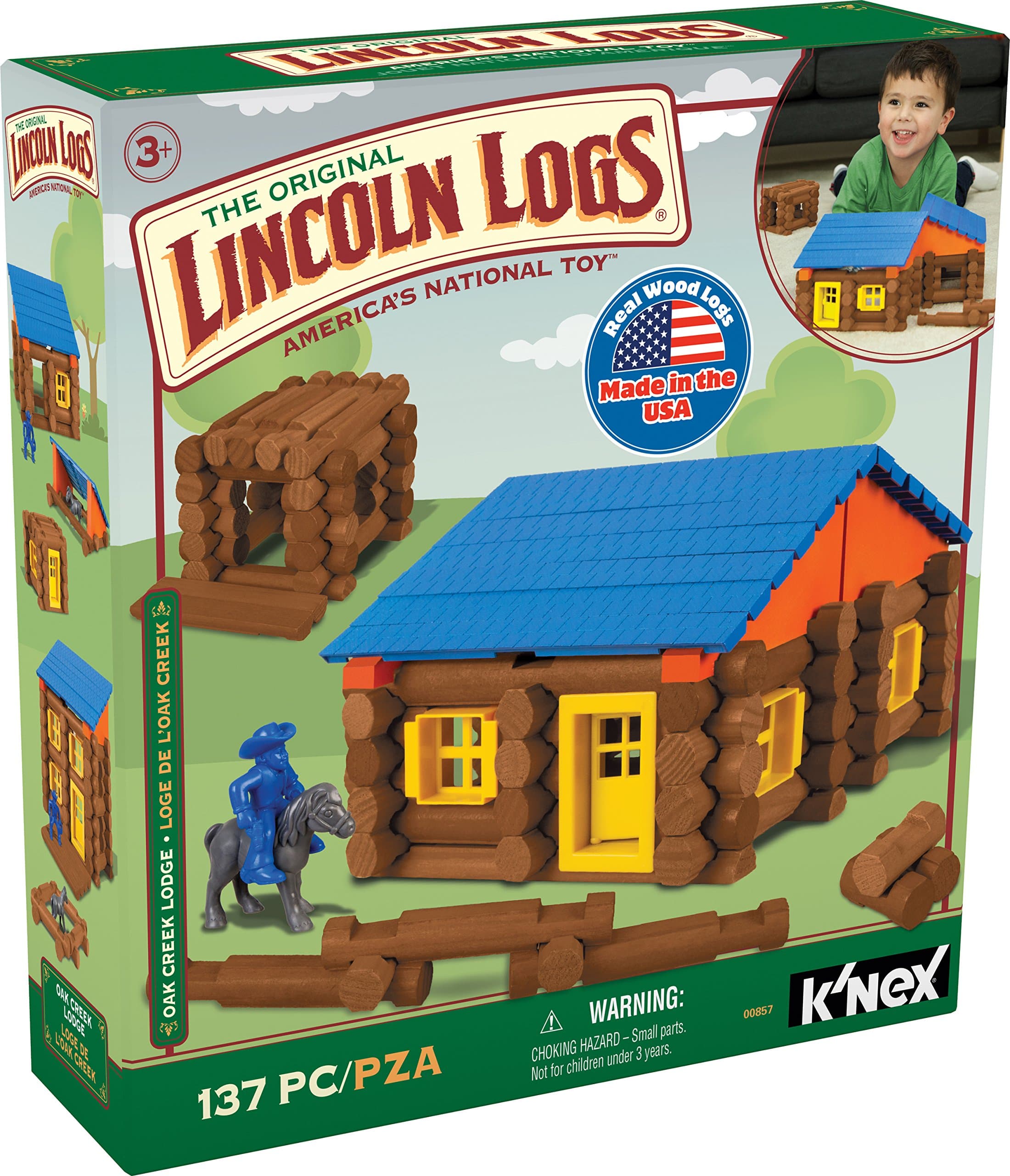 LINCOLN LOGS – Oak Creek Lodge – 137 Pieces - Real Wood Logs-Ages 3+ - Best Retro Building Gift Set for Boys/Girls – Creative Construction Engineering – Top Blocks Game Kit - Preschool Education Toy