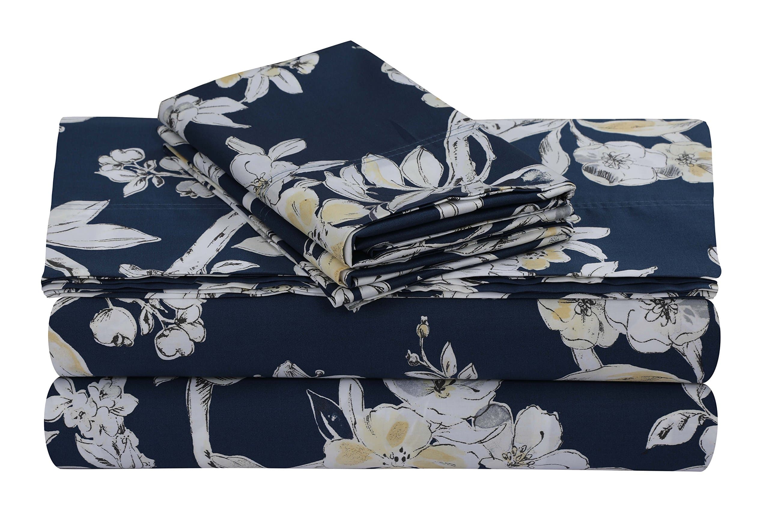 Tribeca Living Deep Pocket King Size Sheet Set - 300 Thread Count Cotton Sateen Sheets with 22-Inch Extra Deep Pockets, Oeko-Tex Certified, 4 Bedding Set in Colmar Navy Blue/Multi Print