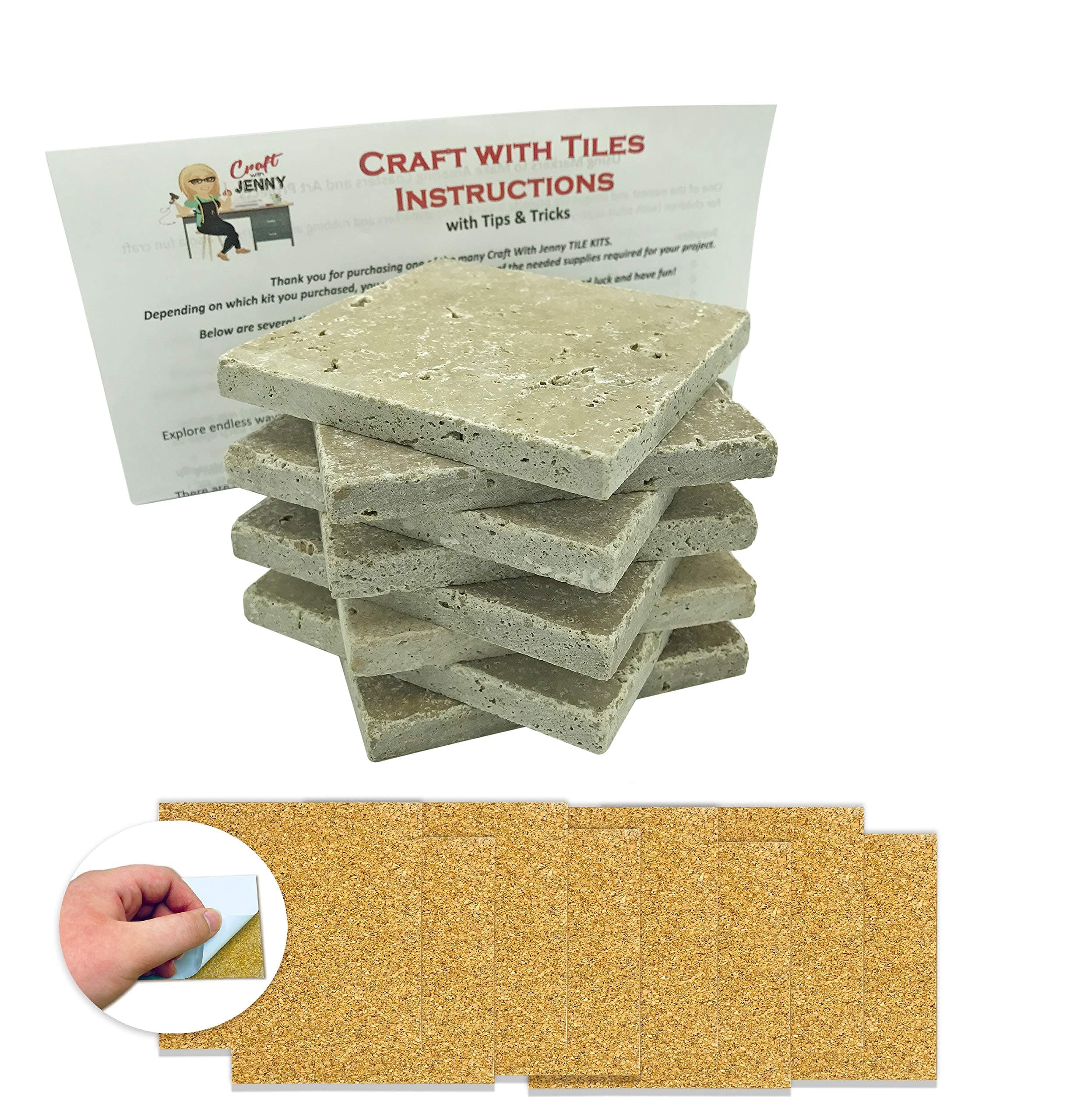 Coaster Tile Craft Kit, Set of 8 Beige Stone Tumbled Travertine Turkish Tiles 4”x4”, with Detailed Instructions plus Tips and Tricks, Mosaics, Painting Projects, Decoupage, DIY Make Your Own Coasters!