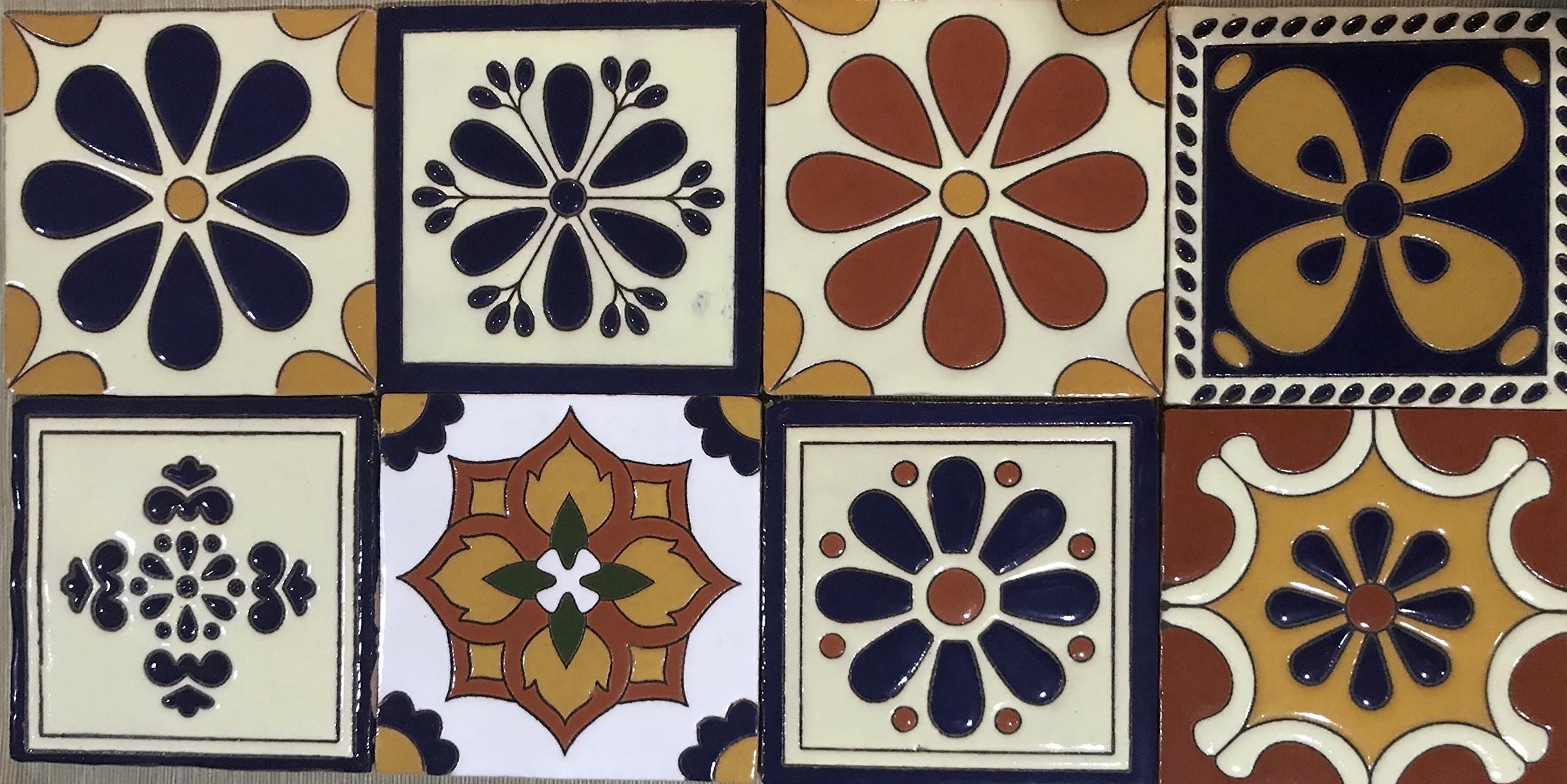 Talavera Ceramic Relief Mexican Tile 6X6, 8 Mixed Designs (NO Stickers)
