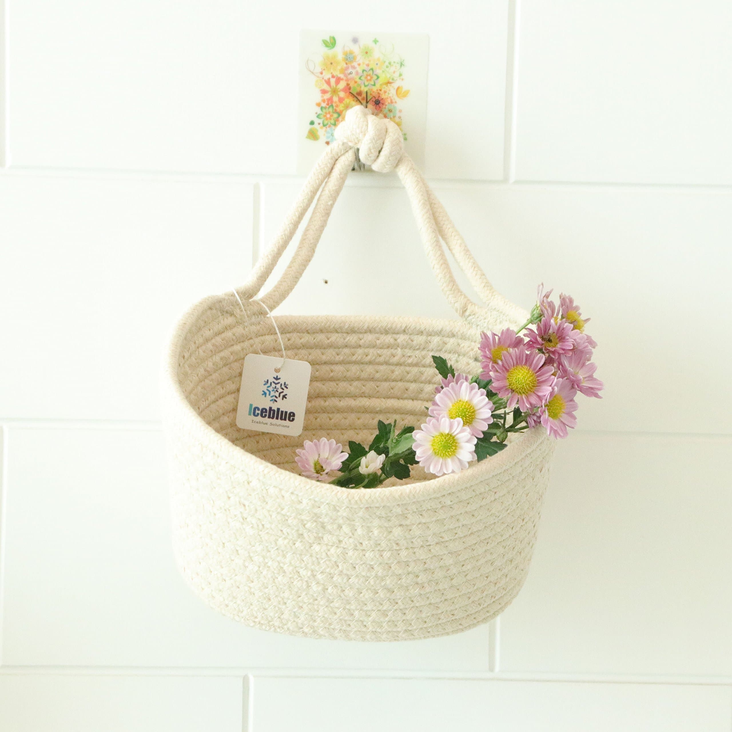 Iceblue 7.8''X5''X5''Beige Oval Cotton Rope Over Wall Door Closet Window Hanging Storage Basket