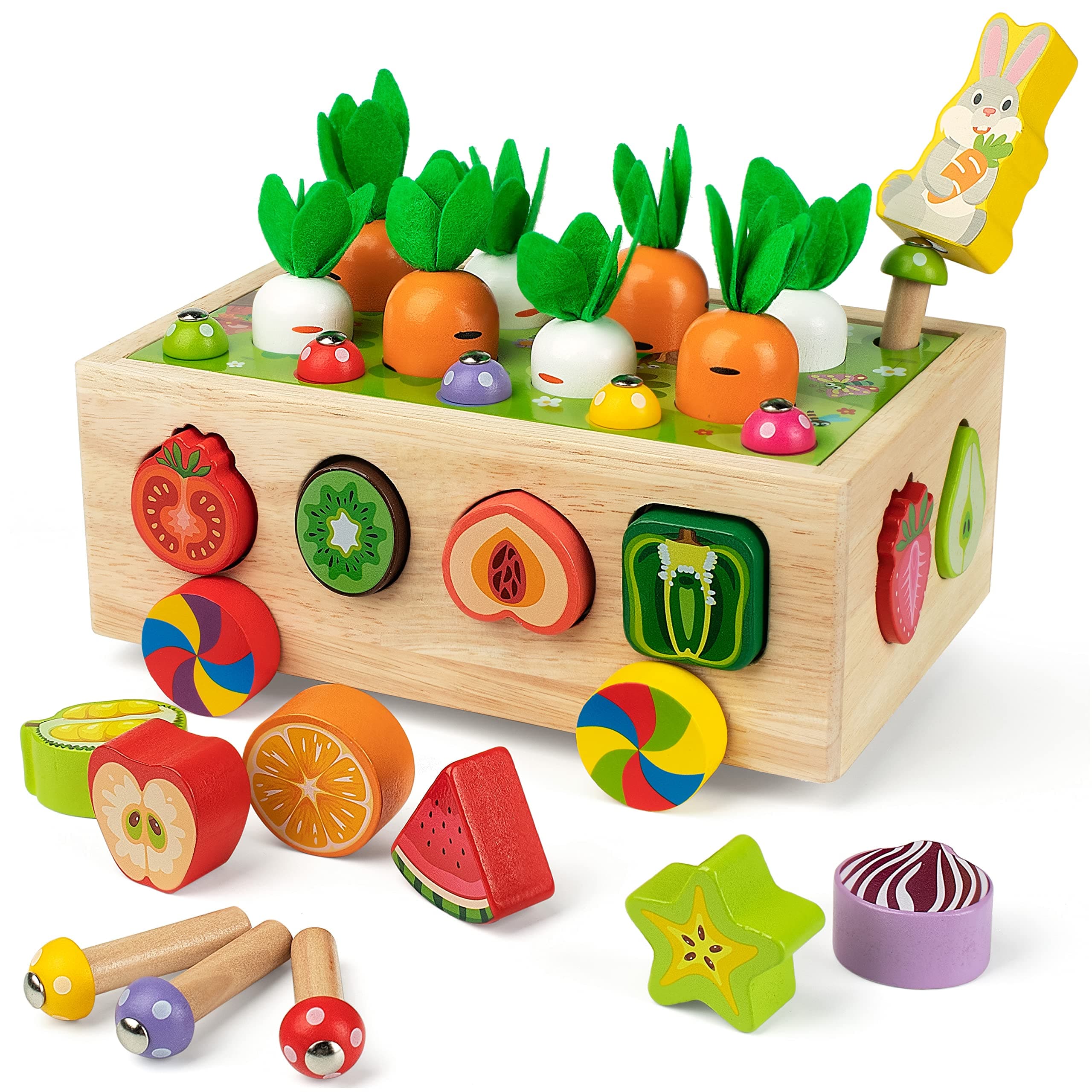 Montessori Fine Motor Toys for Baby Toddler, Wooden Shape Sorter Carrot Harvest Game for Easter Basket Stuffer, Preschool Learning Educational Gift Toy for 3 4 5 Year Old