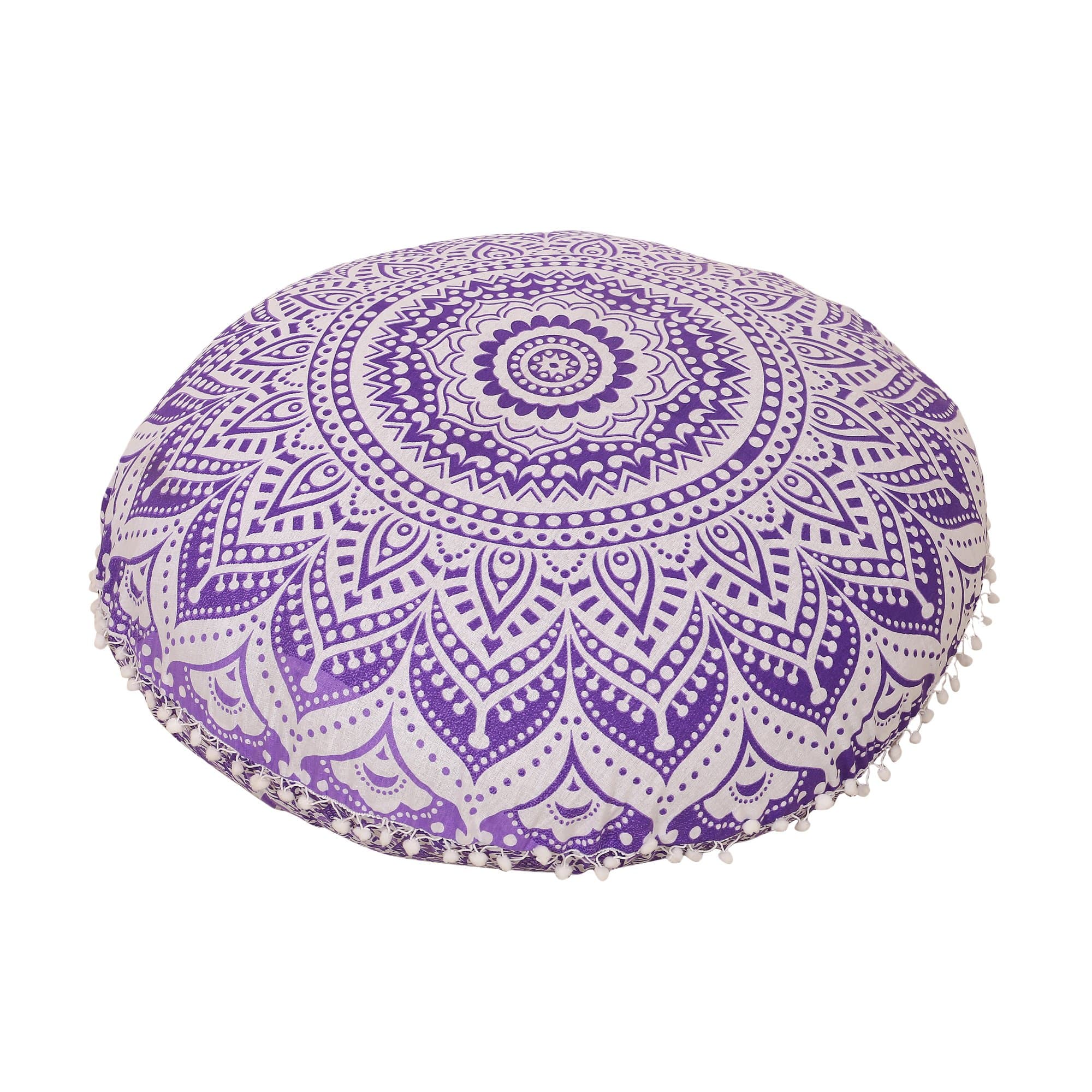 Shubhlaxmifashion Large 32" Purple Round Pillow Cover, Decorative Mandala Pillow Sham, Indian Bohemian Ottoman Poufs, Pom Pom Pillow Cases, Outdoor Cushion Cover,