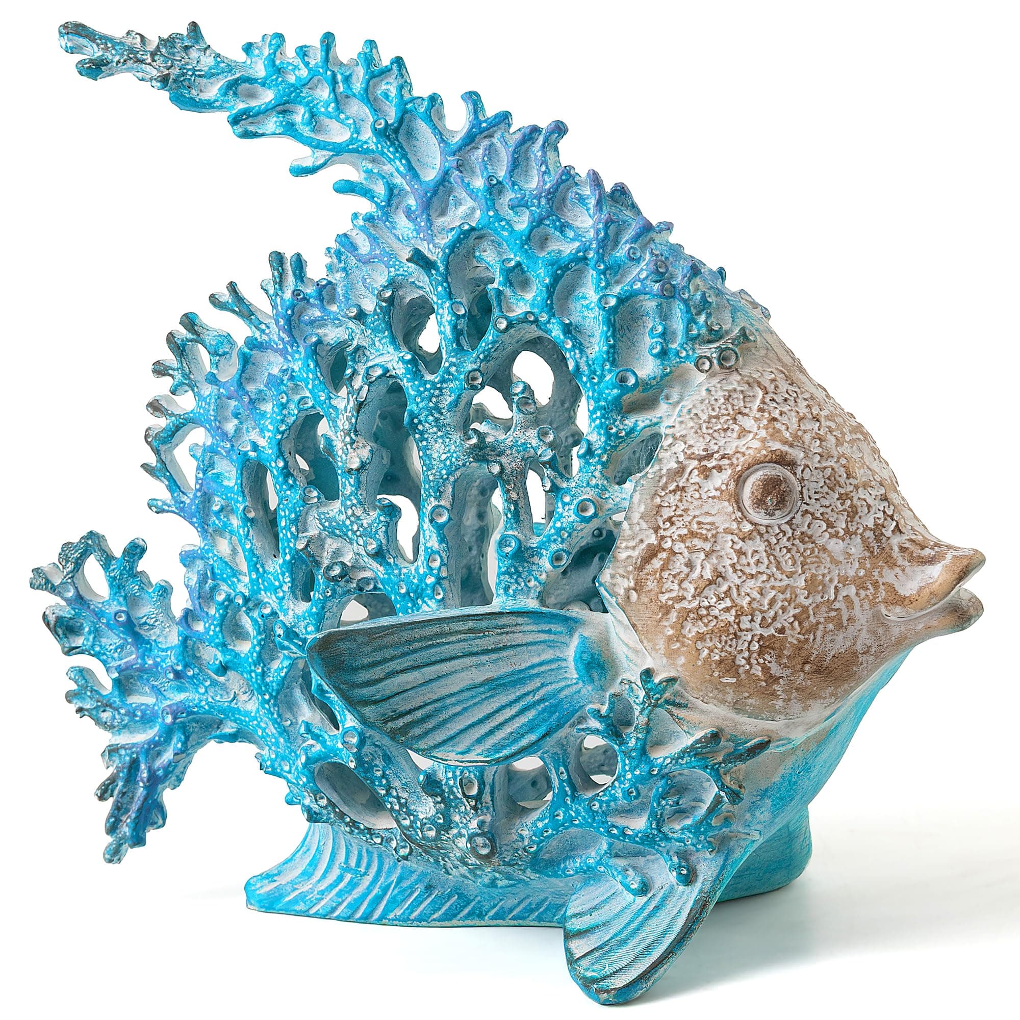 Beach Coastal Decor Coral Reef Angelfish Home Office Desk Decor Sculpture Statue for Tabletop Shelf Bathroom Decoration Ornament Gift (Turquoise and Blue)
