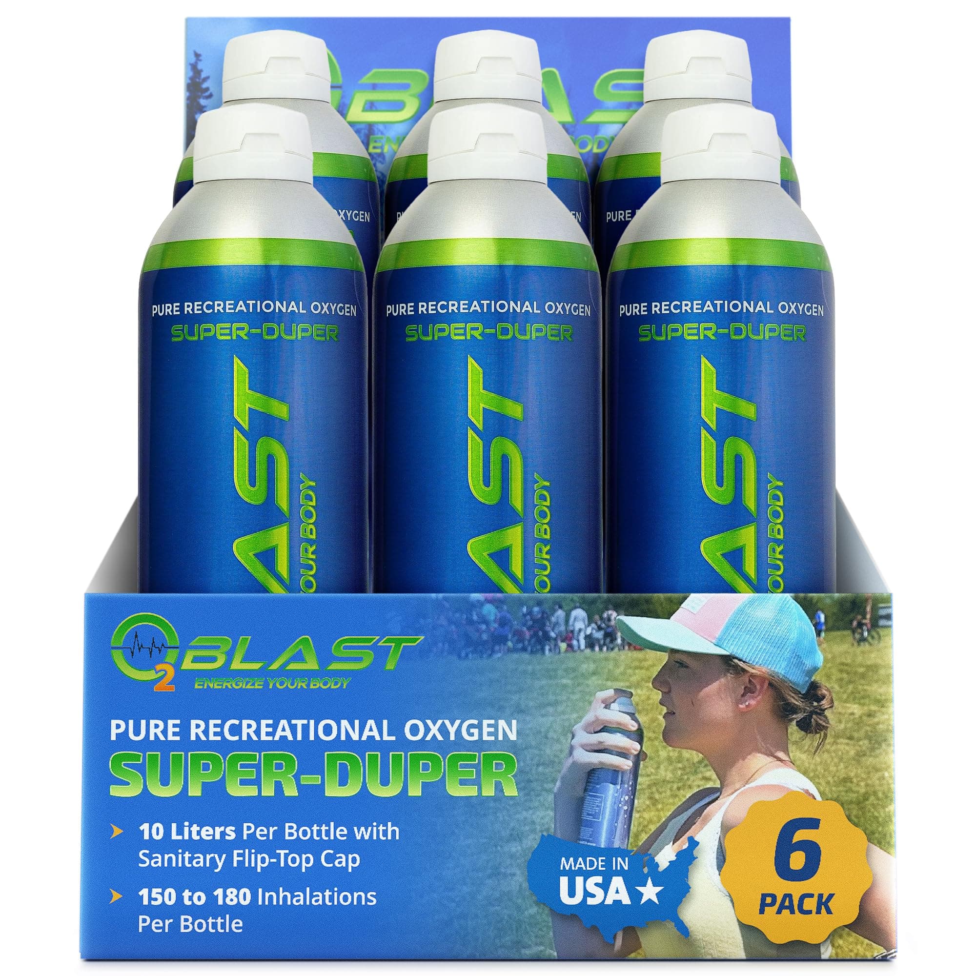 O2 Blast - Portable Oxygen Can, Filled with 99.99% Pure Oxygen with Sanitary flip top Cap for Sports, Travel, and High Altitude Use | On-the-Go Air Support for Hiking and Outdoors – 10L, 6-Pack
