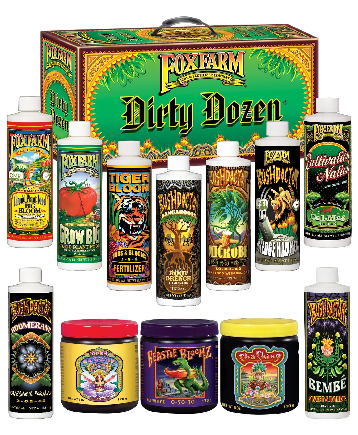 Dirty Dozen Liquids & Solubles Starter Pack - 3 Solubles (Open Sesame, Beastie Bloomz, Cha Ching) & 9 Pint Liquids (Big Bloom, Tiger Bloom, Grow Big & More) for Gardening Success