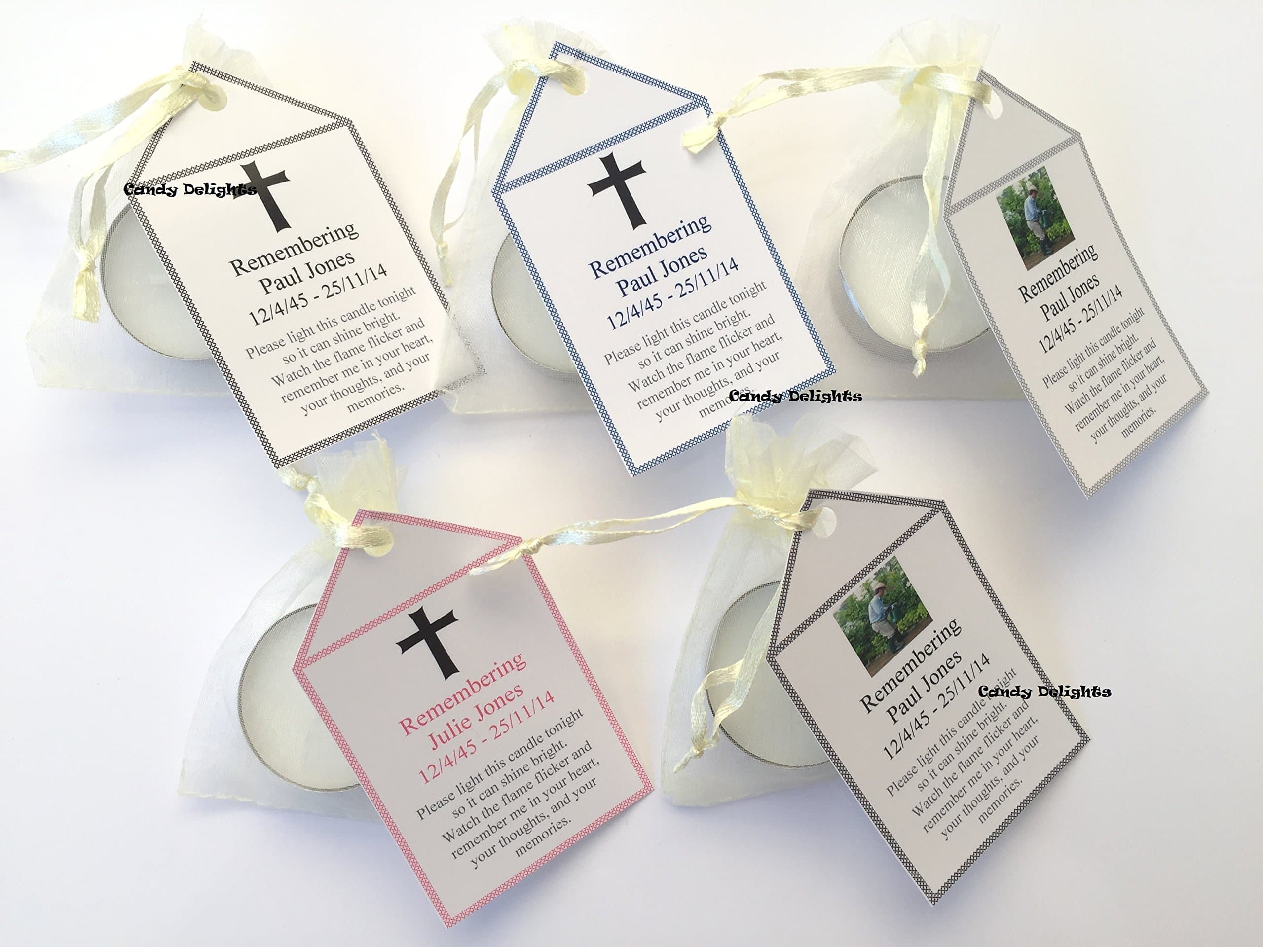 20 Personalised Remembrance Funeral DIY Organza bag, Candle & Personalised Tag Keepsakes