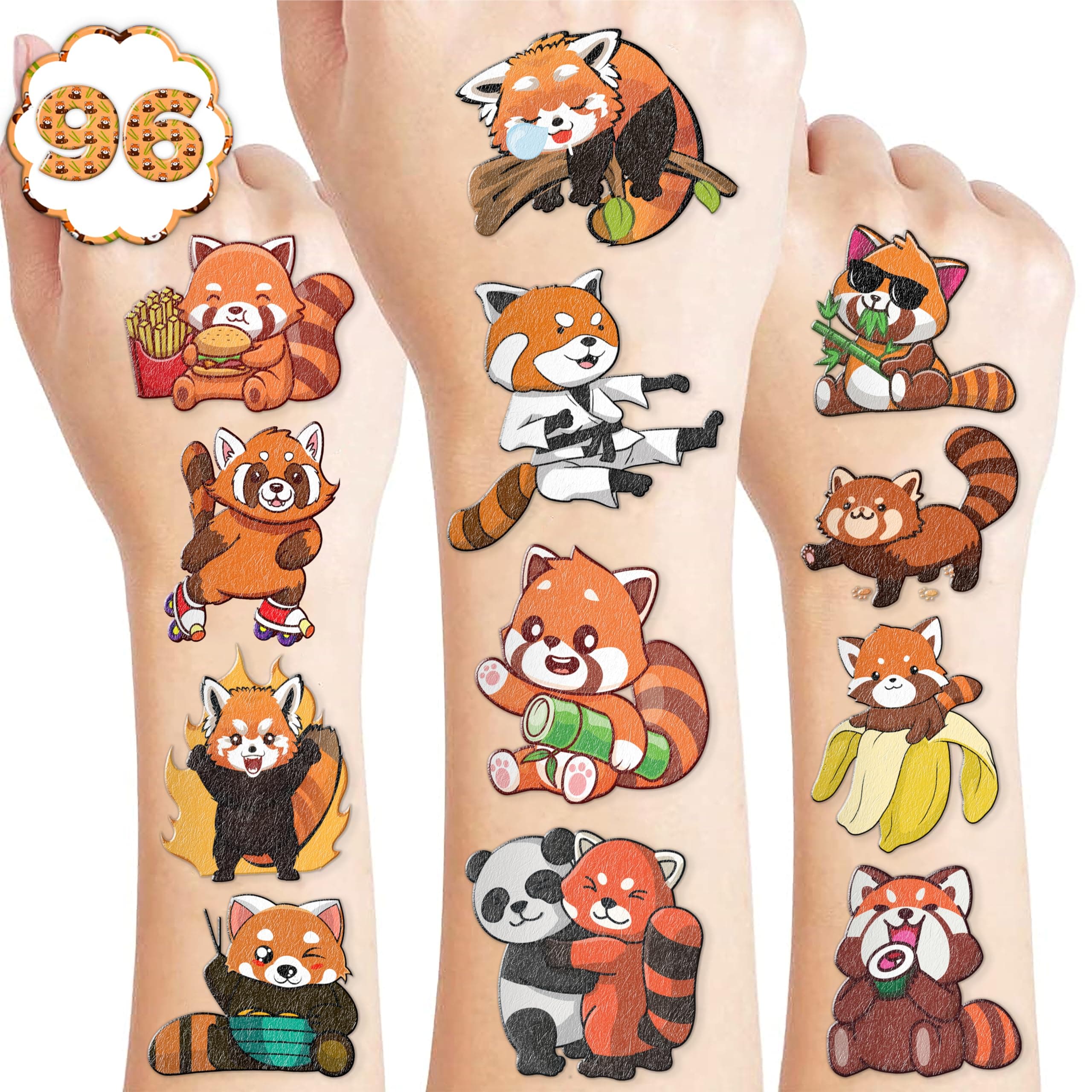 96PCS Red Panda Temporary Tattoos Birthday Party Decorations Favors Supplies Decor Cute Funny Forest Woodland Zoo Jungle Safari Animal Tattoo Stickers Gifts For Kids Boys Girls School Prizes Carnival