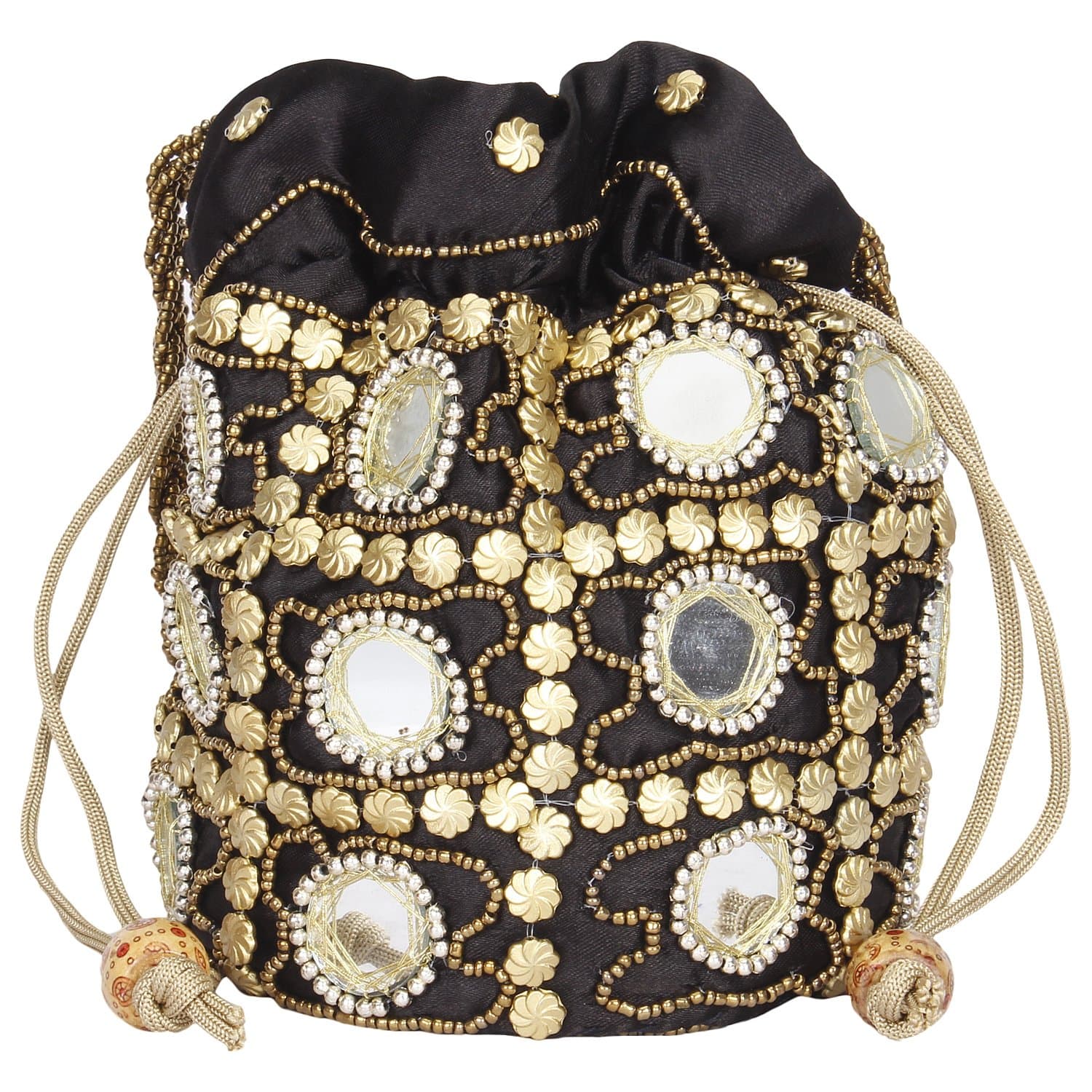 Suman Enterprises Women's Traditional Satin Potli Bag with Round Mirror (Maroon)