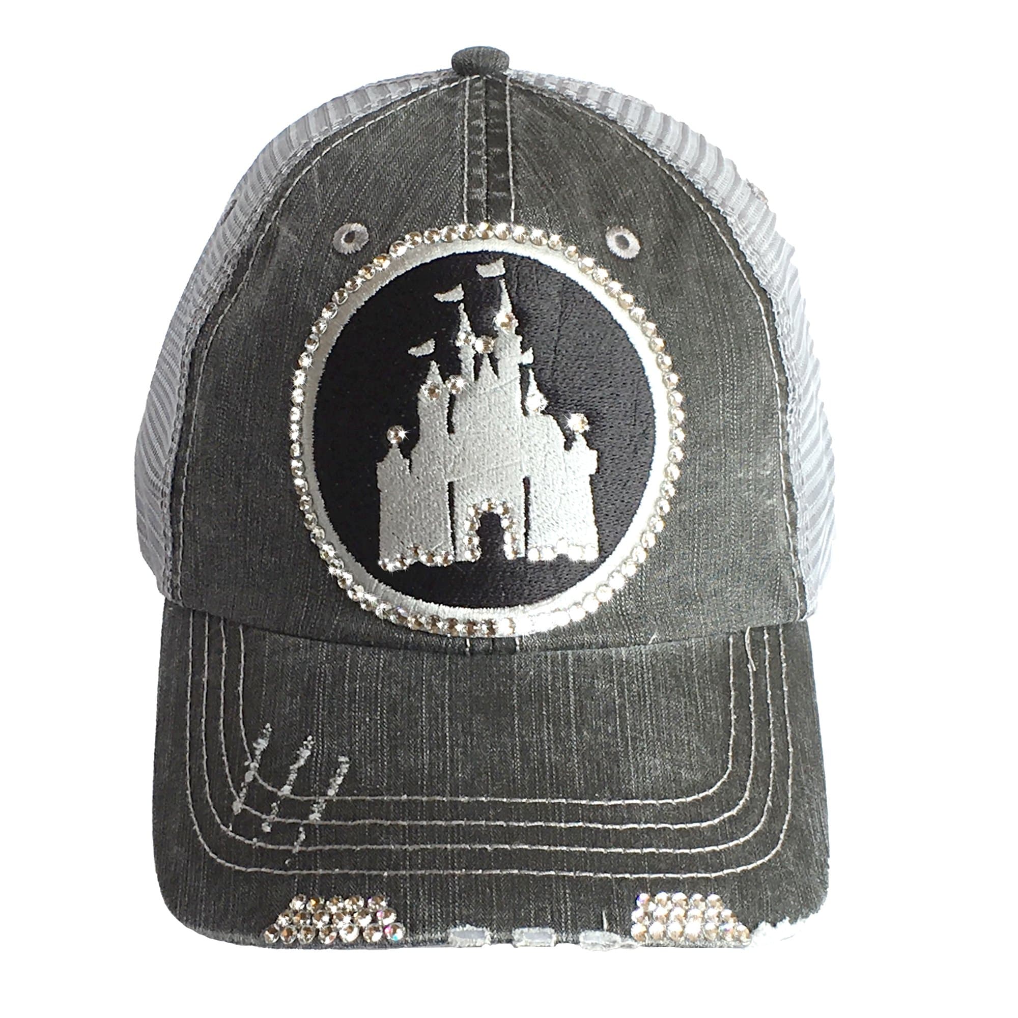 Womens Disney Castle Fitted Trucker Baseball Cap by Swarovski Bling hat,Gray Denim Trucker,One Size
