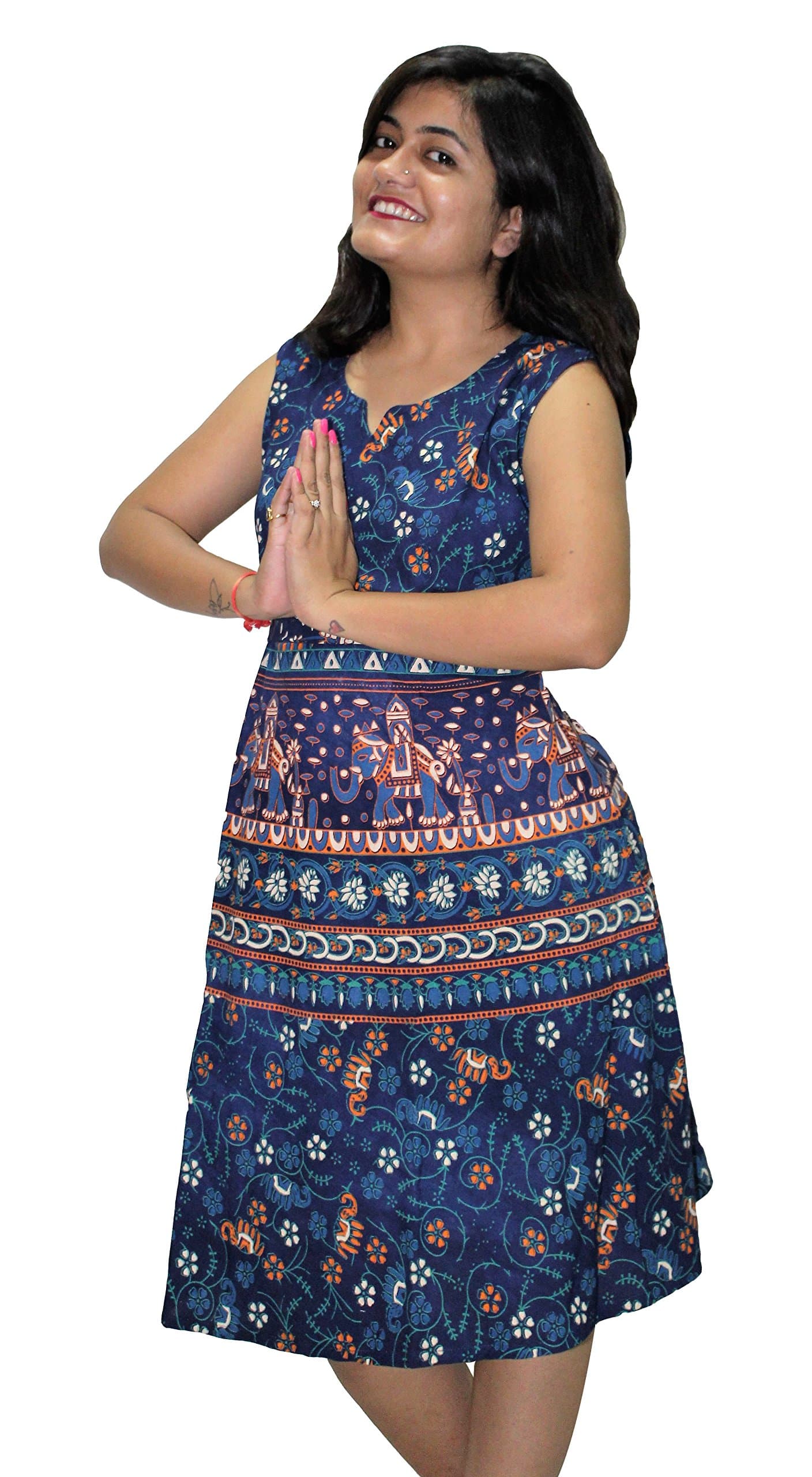 Indian Handmade Vintage Block Printed Dress For Women , 100% Cotton V-Neck Ethnic Maxi Style Long Mandala Print