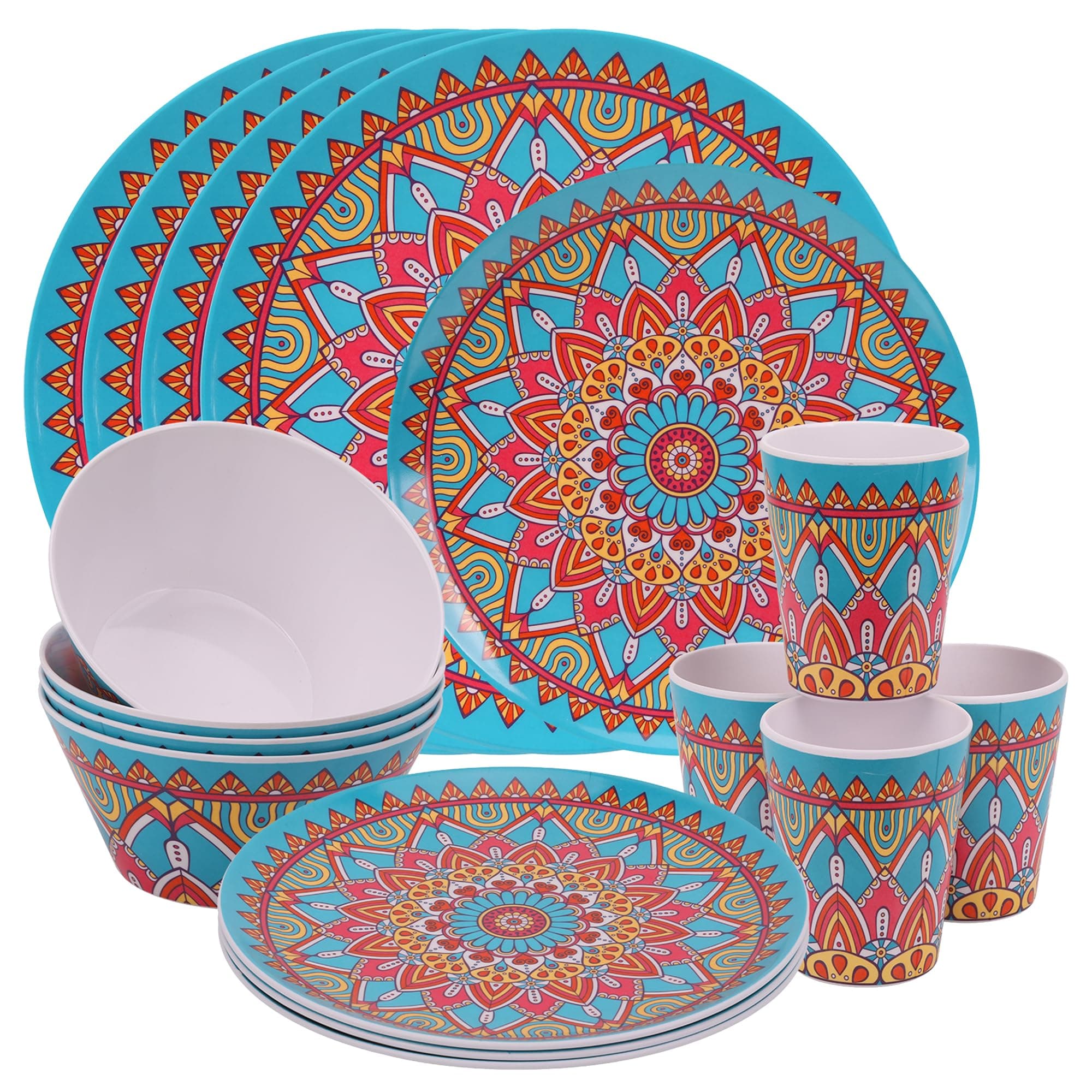 – Trimming Shop 16pcs Melamine Dinner Set | Plates, Dessert Plates, Bowls & Cups | Moroccan Dinner Set | Party Dinnerware | Service for 4 | Reusable Dinnerware Set for Indoor, Outdoor, Picnic & Camping