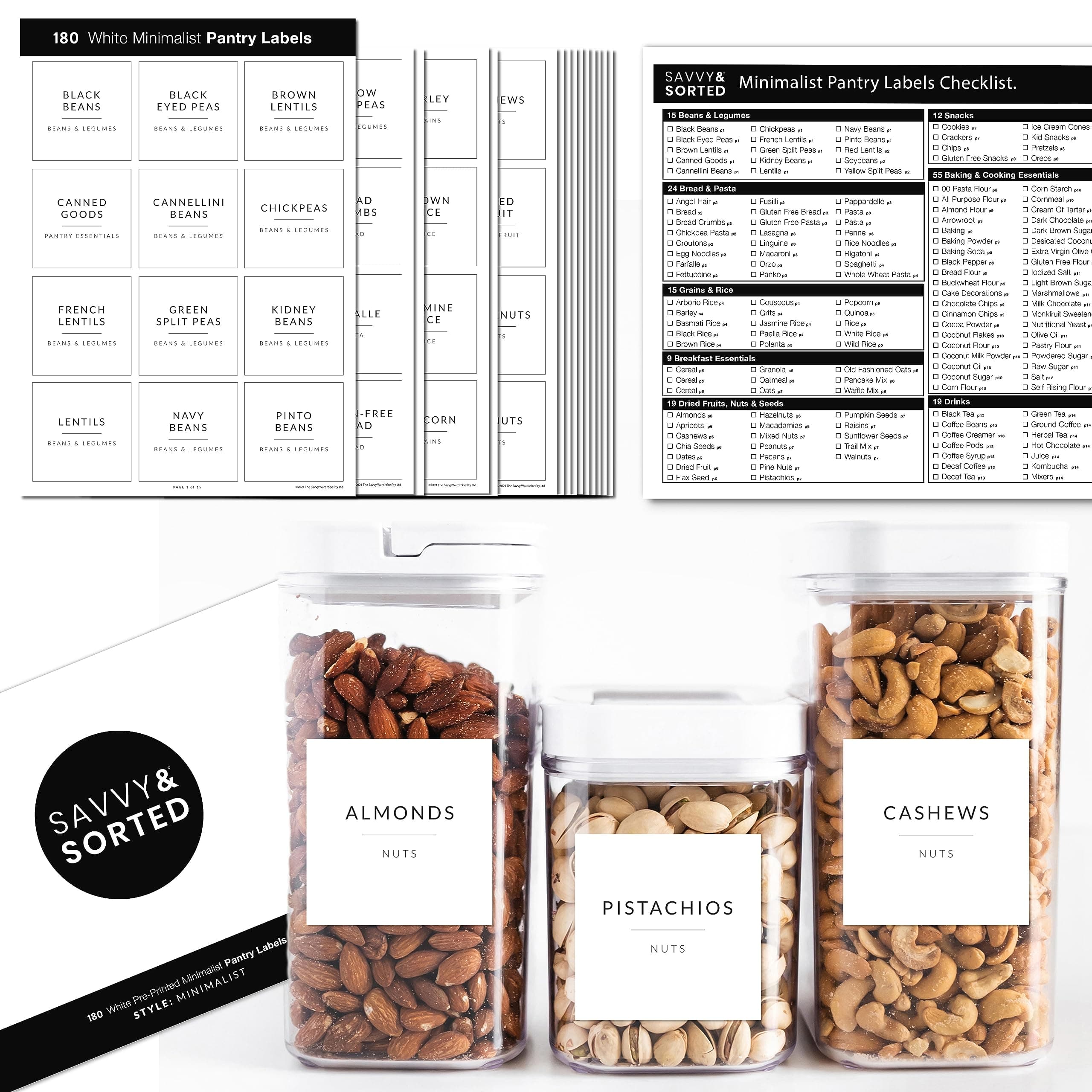 SAVVY & SORTED Minimalist Pantry Labels, 180 Waterproof Vinyl Stickers for Food Containers - Kitchen Labels for Organizing Storage Bins, Jars, Kitchen