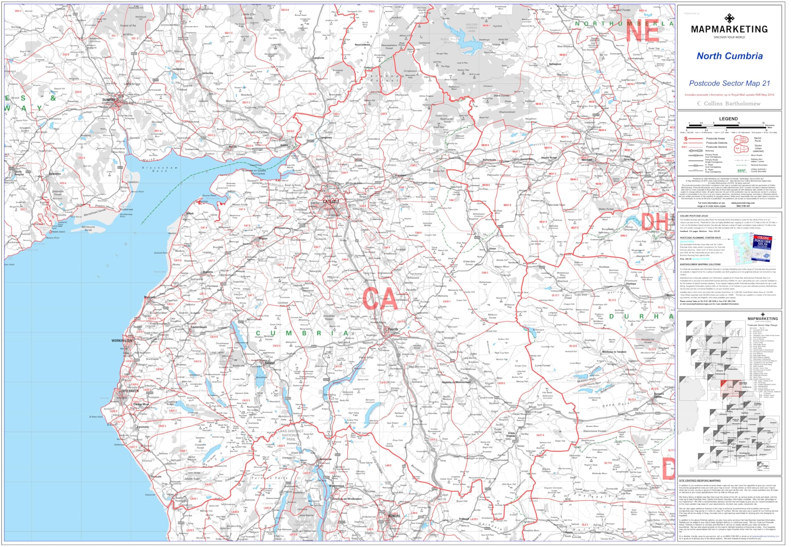 North Cumbria - Postcode Sector Map 21 - Wall Map With Motorway, A' Roads, B' Roads, City Plans, Area, District, Sectors Size: 73 x 107 cm (29 x 42 inches) Scale: 1:150,000- Laminated Wall Map