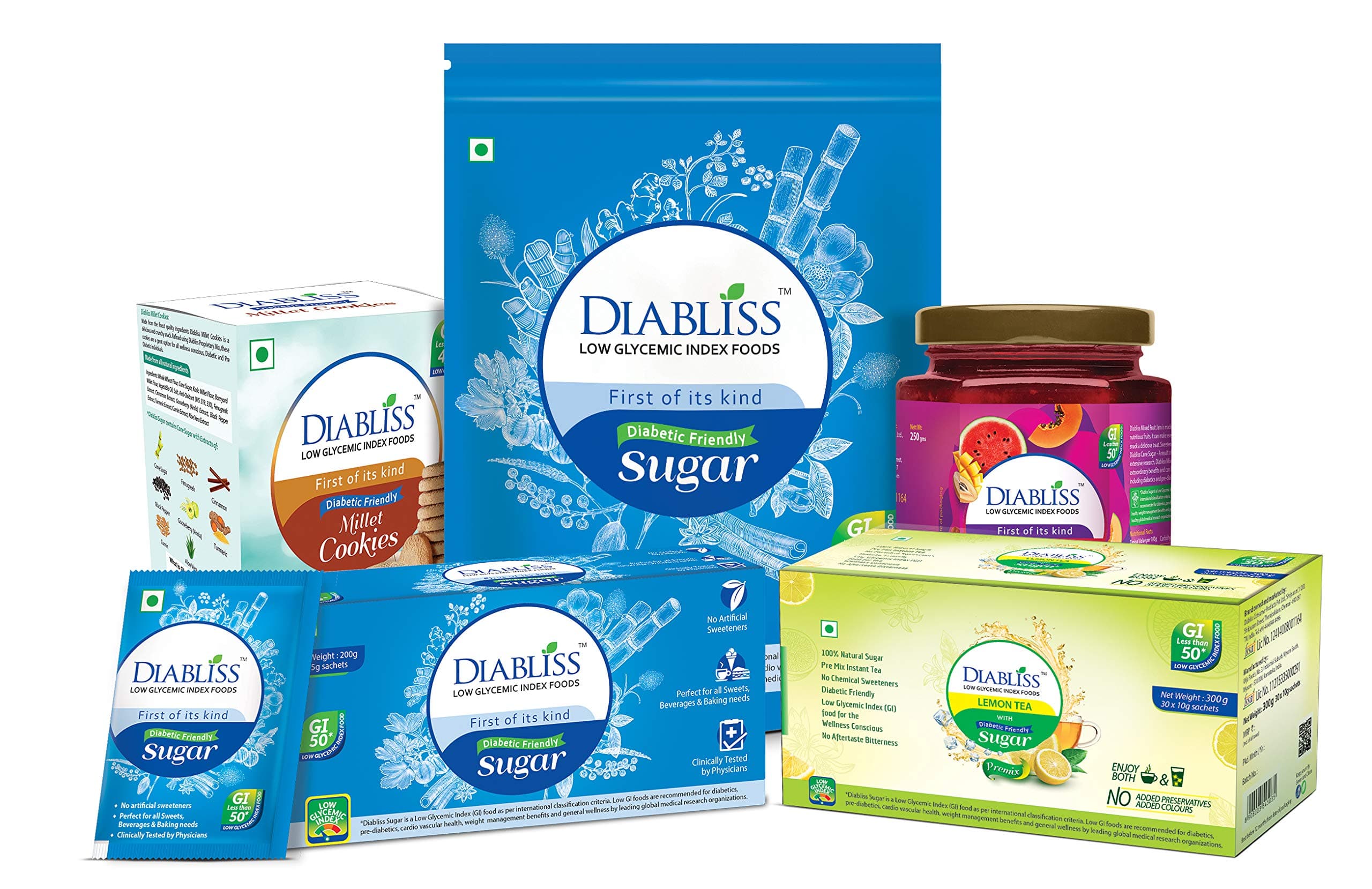 Diabliss Low GI Kit Diabetic Friendly Combo Pack Herbal Sugar - Free from chemical artificial Sweetener Stevia Splenda Alternative 100% Natural & Herbal - Lemon Tea Sachets - Jam Bottle - Millet Cookies
