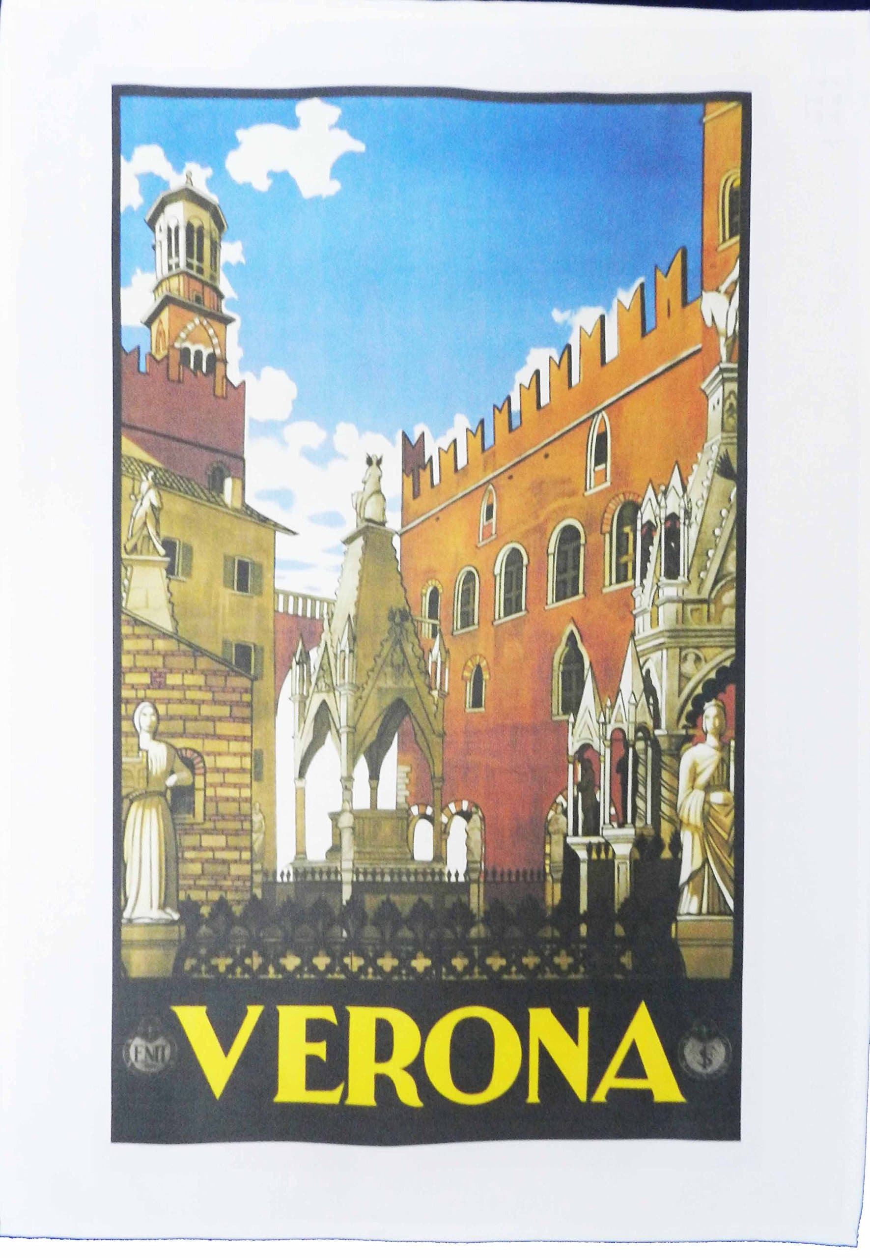 Verona - Retro Style Travel Poster Large Cotton Tea Towel
