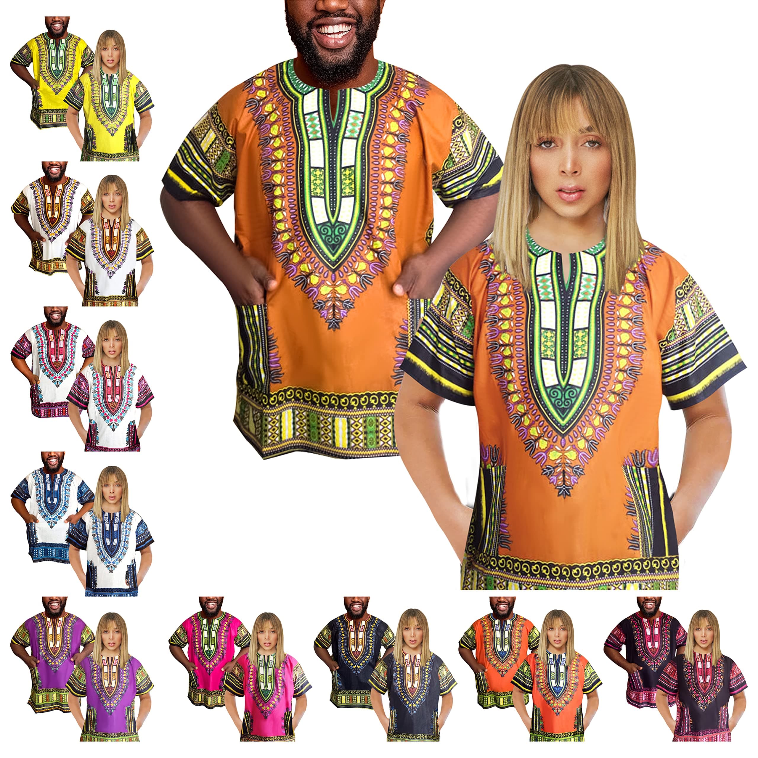 Adalex GlobalTraditional African Unisex Dashiki Shirt Color Tribal Festival Hippie, Ideal for Men Women African Short Sleeve Summer Wear