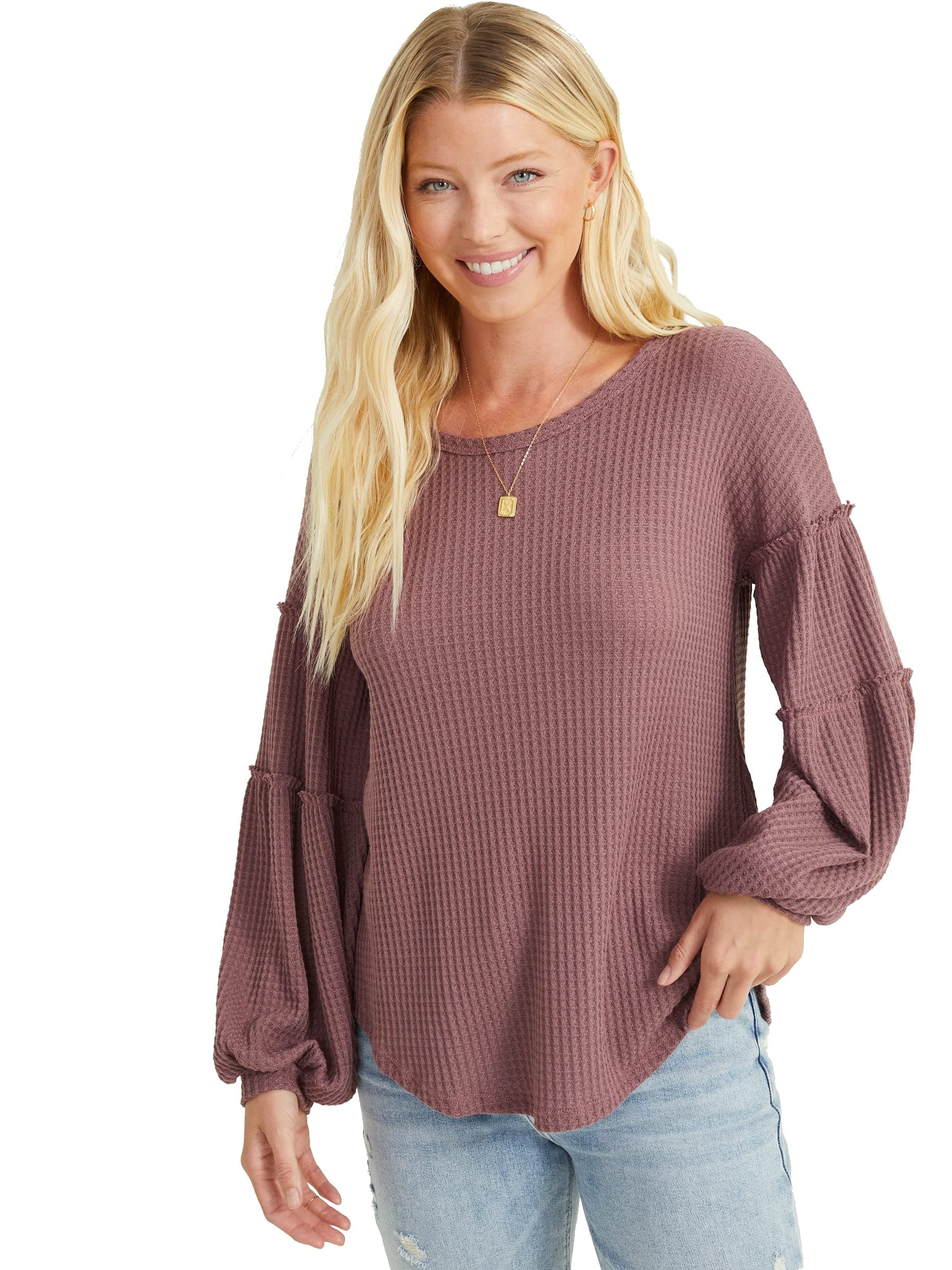 ALTAR'D STATE Women's Long Sleeve Thermal Jessica Top, Balloon Silver Thermal Tunic, Rounded Neck Shirt, Heather Grey, Small