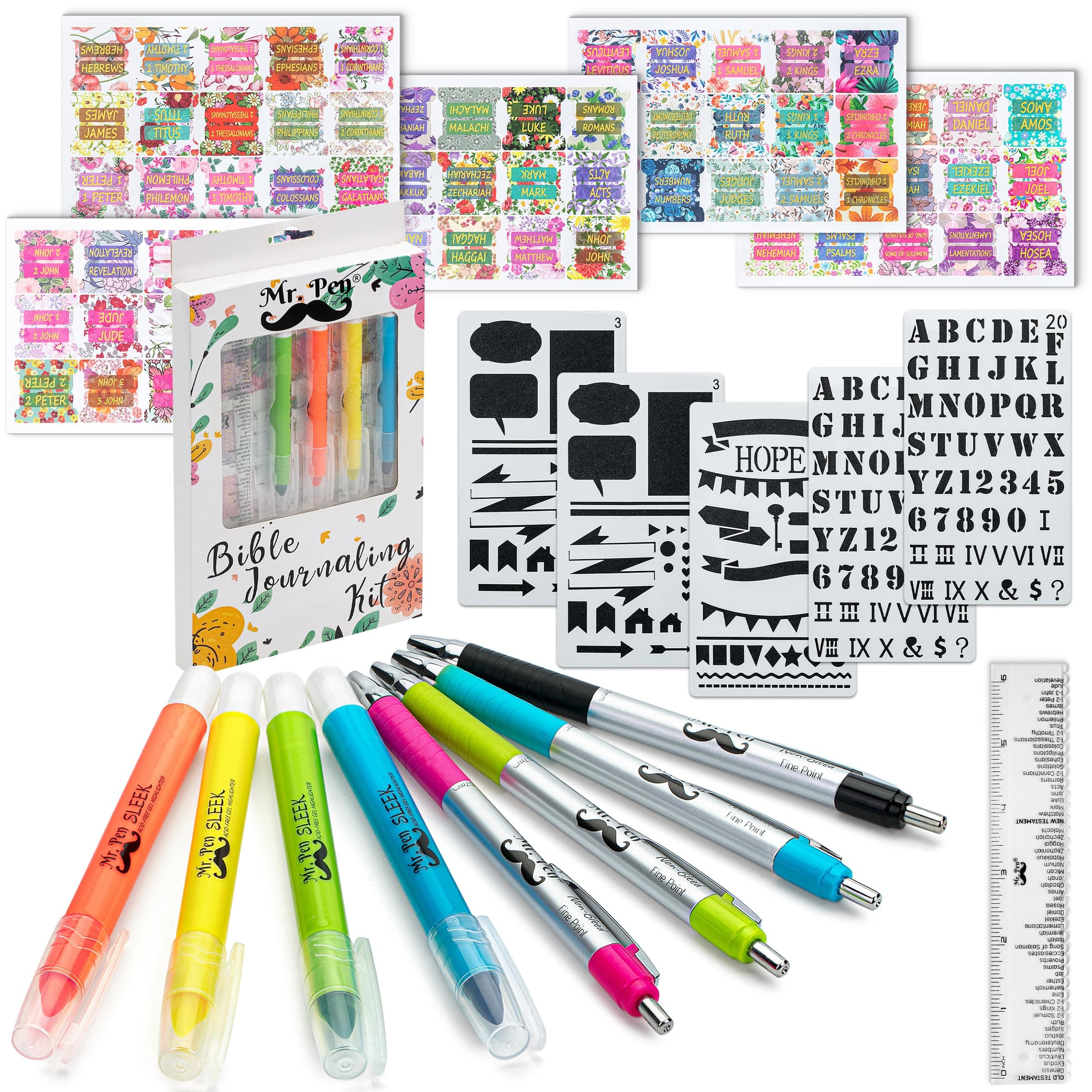 Mr. Pen- Bible Journaling Kit with Bible Highlighters/Markers and Pens No Bleed, Bible Tabs, Stencils, Ruler, Christian Gifts
