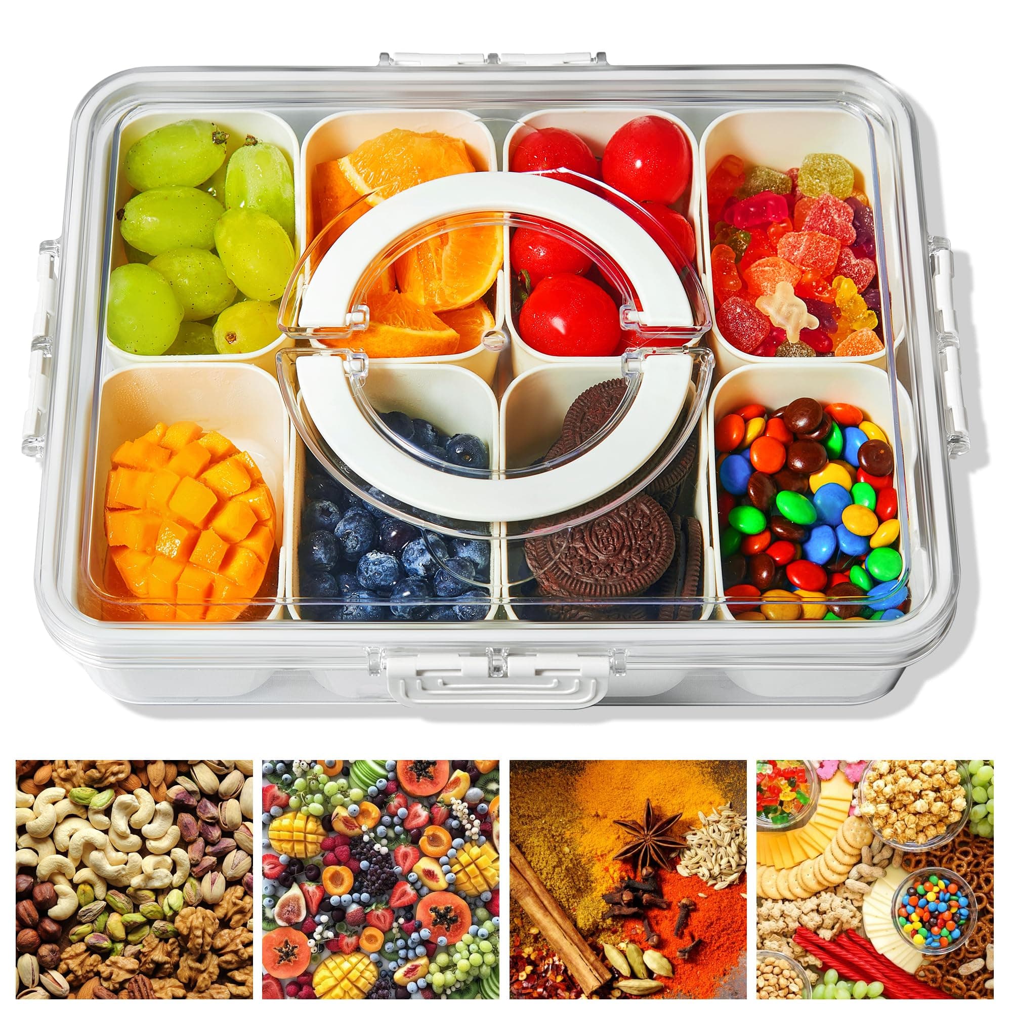 Snackle Box Container Divided Serving Platters with Lid and Handle Divided Snackle for Portable Snack Box Container Tray Perfect for Candy Fruit and Treats
