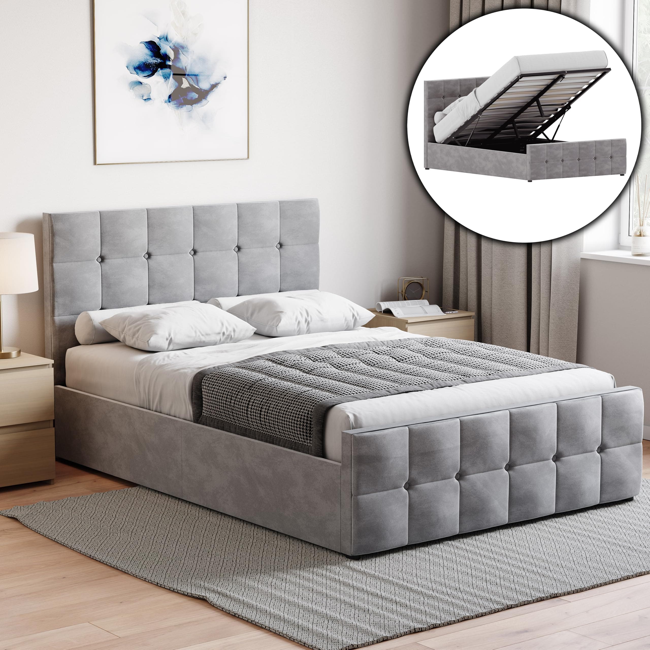 Vida Designs Valentina Double Ottoman Bed, 4 Foot 6 Bed Frame Storage Lift Upholstered Fabric Headboard Bedroom Furniture, Light Grey Velvet