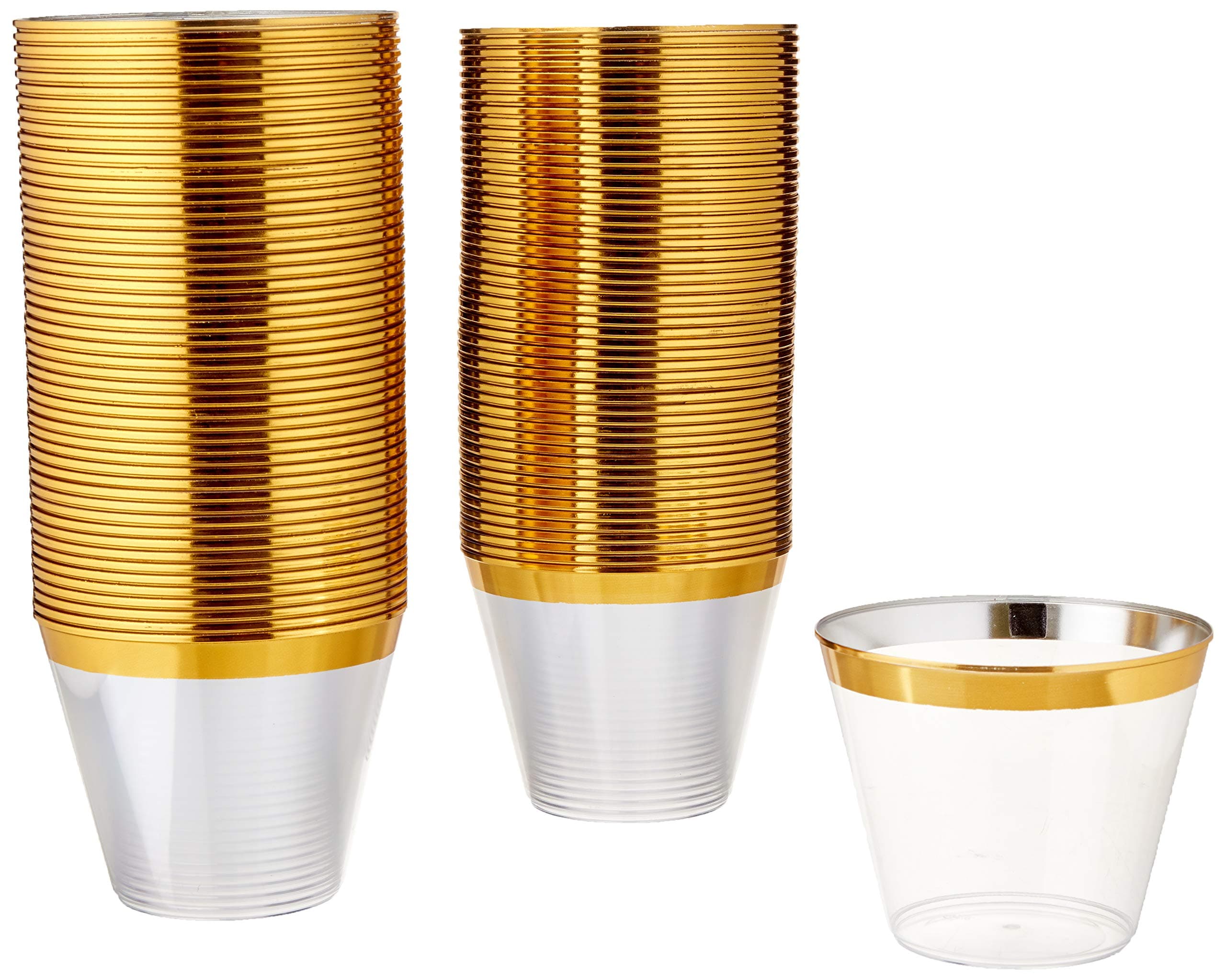 100 Gold Plastic Cups 9 Oz - Elegant Fancy Wedding Gold Plastic Cups || Fancy Rich Gold Disposable Party Cups || Gold Rimmed Durable Clear Disposable Cups || Gold Plastic Disposable Cups/Tumblers