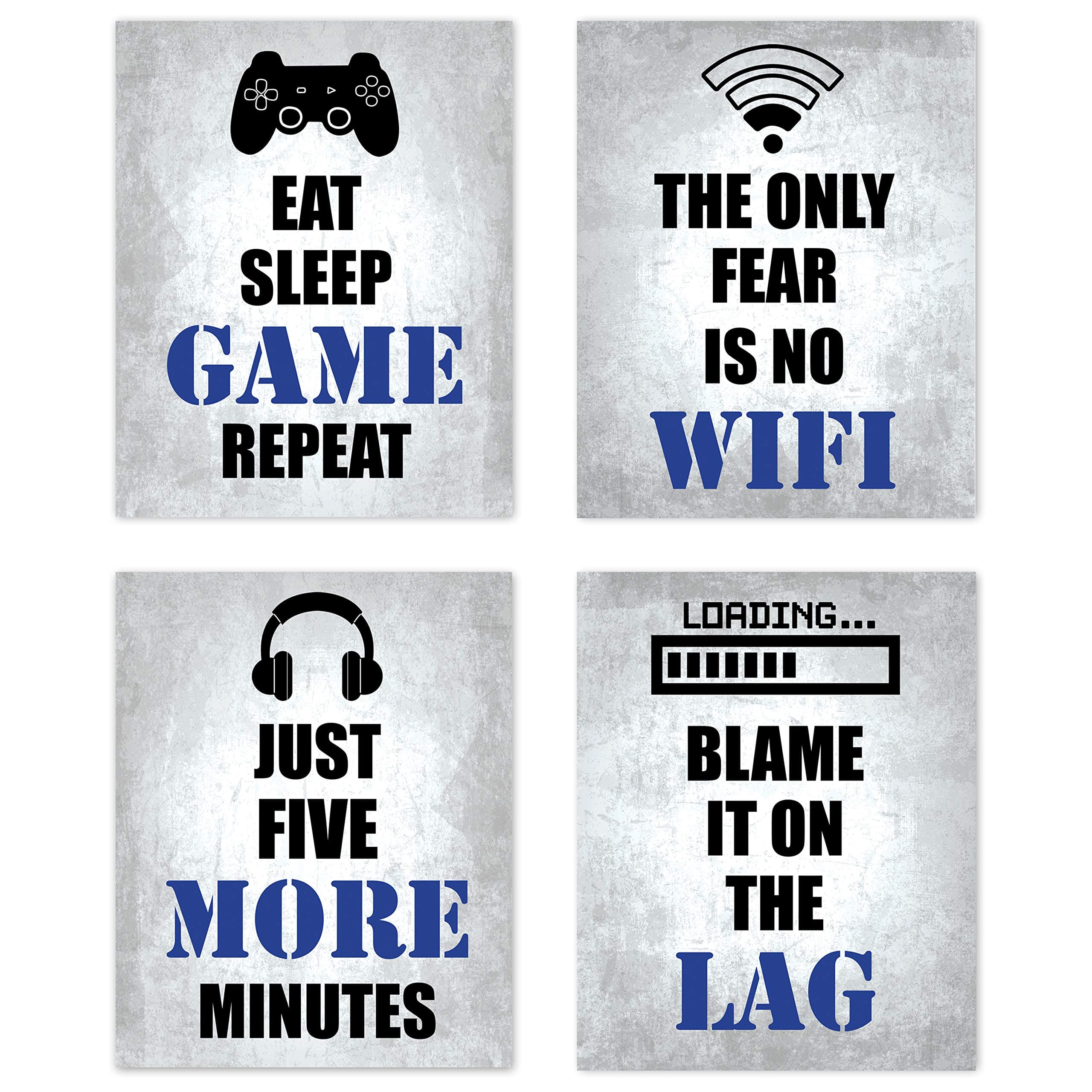 Video Game Themed Gamer Wall Art Posters Home Decor Black, White and Blue Gaming Bedroom Pictures Prints Decorations for Teen Dorm College Playrooom Gameroom Boys Girls Children –Set of 4 8 x 10 in.