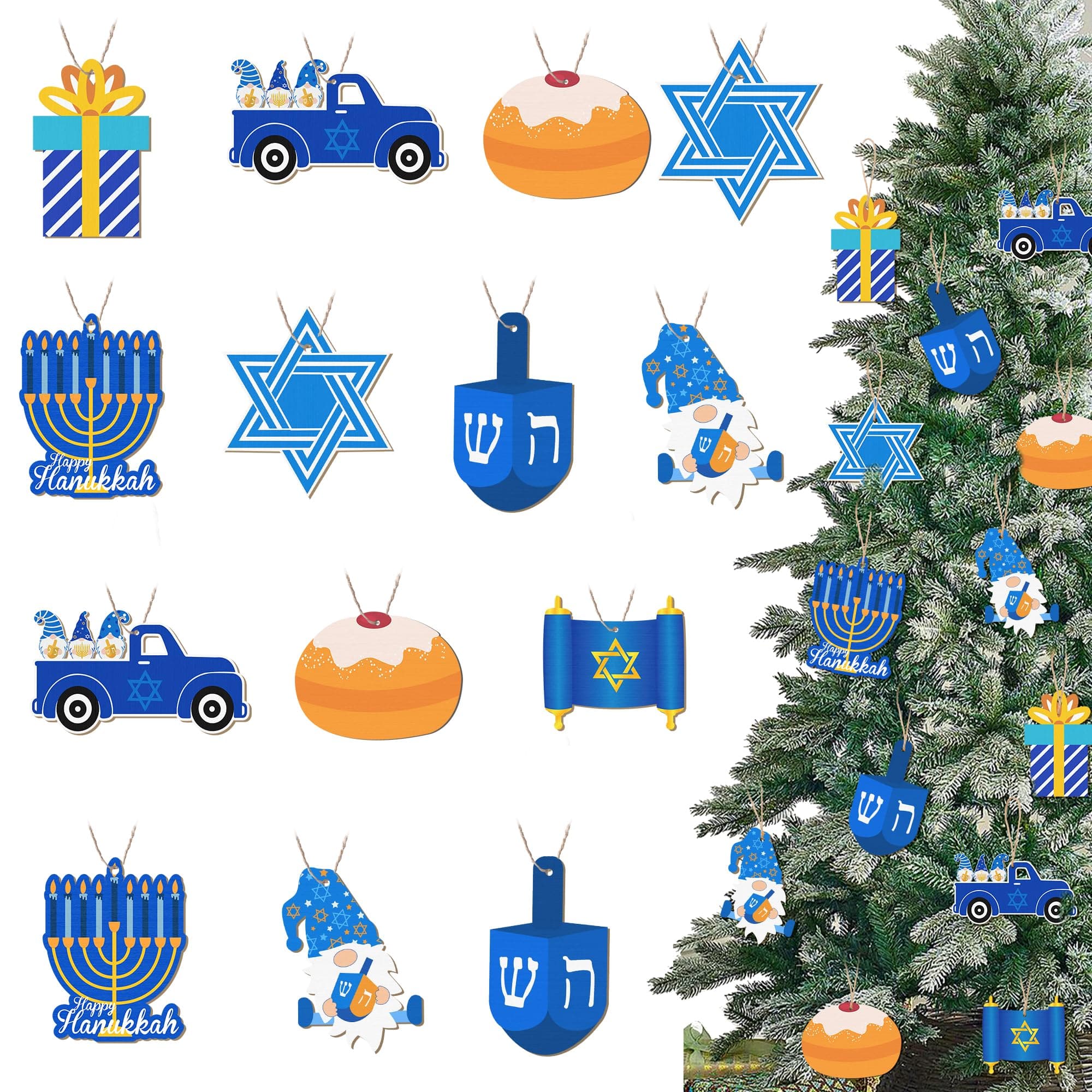 Double-Side 24 PCS Hanukkah Tree Ornaments Chanukah Ornaments Jewish Menorah Dreidel Star of David Hanukkah Decorations, Happy Hanukkah Wooden Ornaments for Chanukah Decor Holiday Christmas Tree Decor