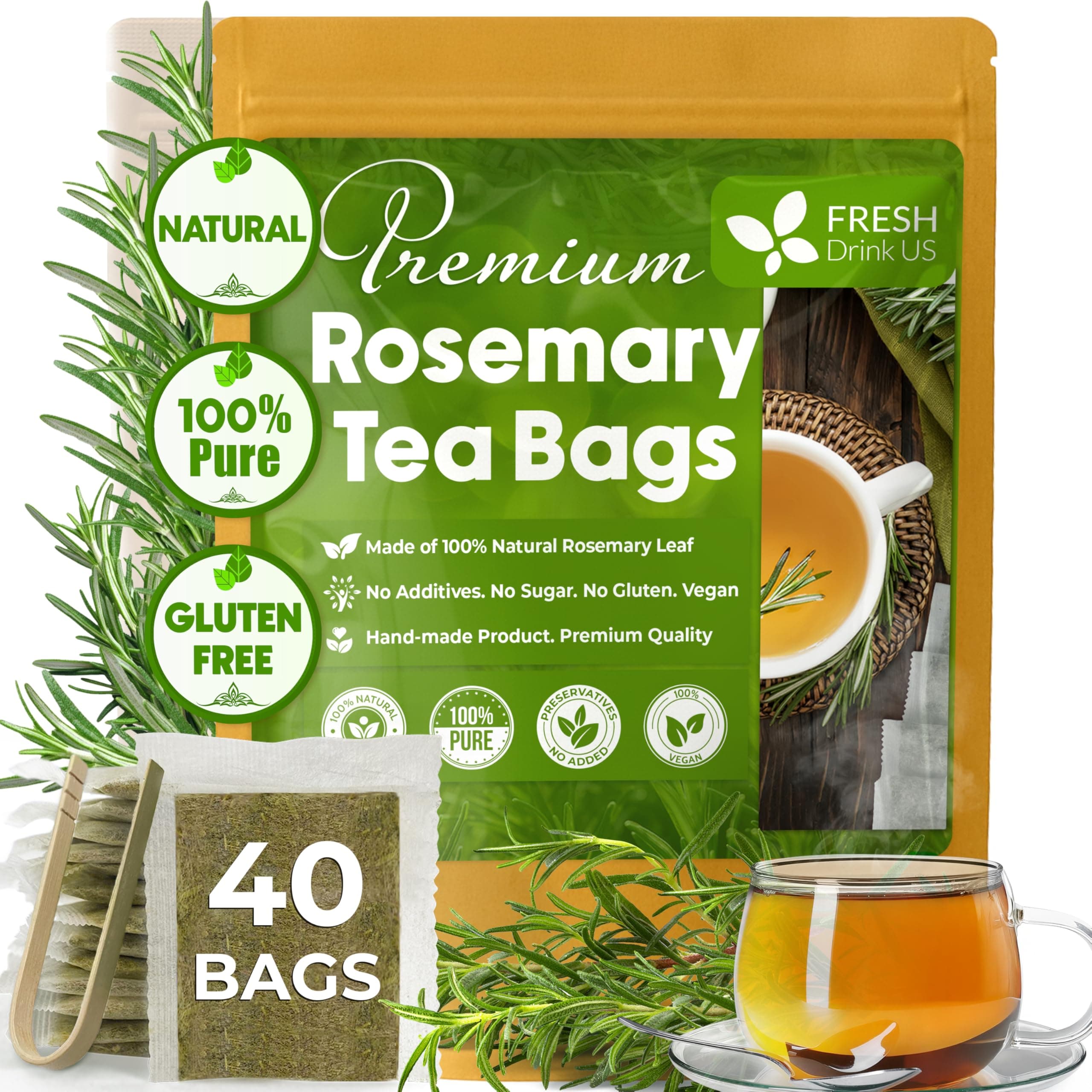 FreshDrinkUS, Premium 40 Rosemary Leaf Tea Bags, 100% Natural and Pure Rosemary Dried Leaves, Pure Herbal Tea, No Additives, No Caffeine, No Gluten, Vegan.