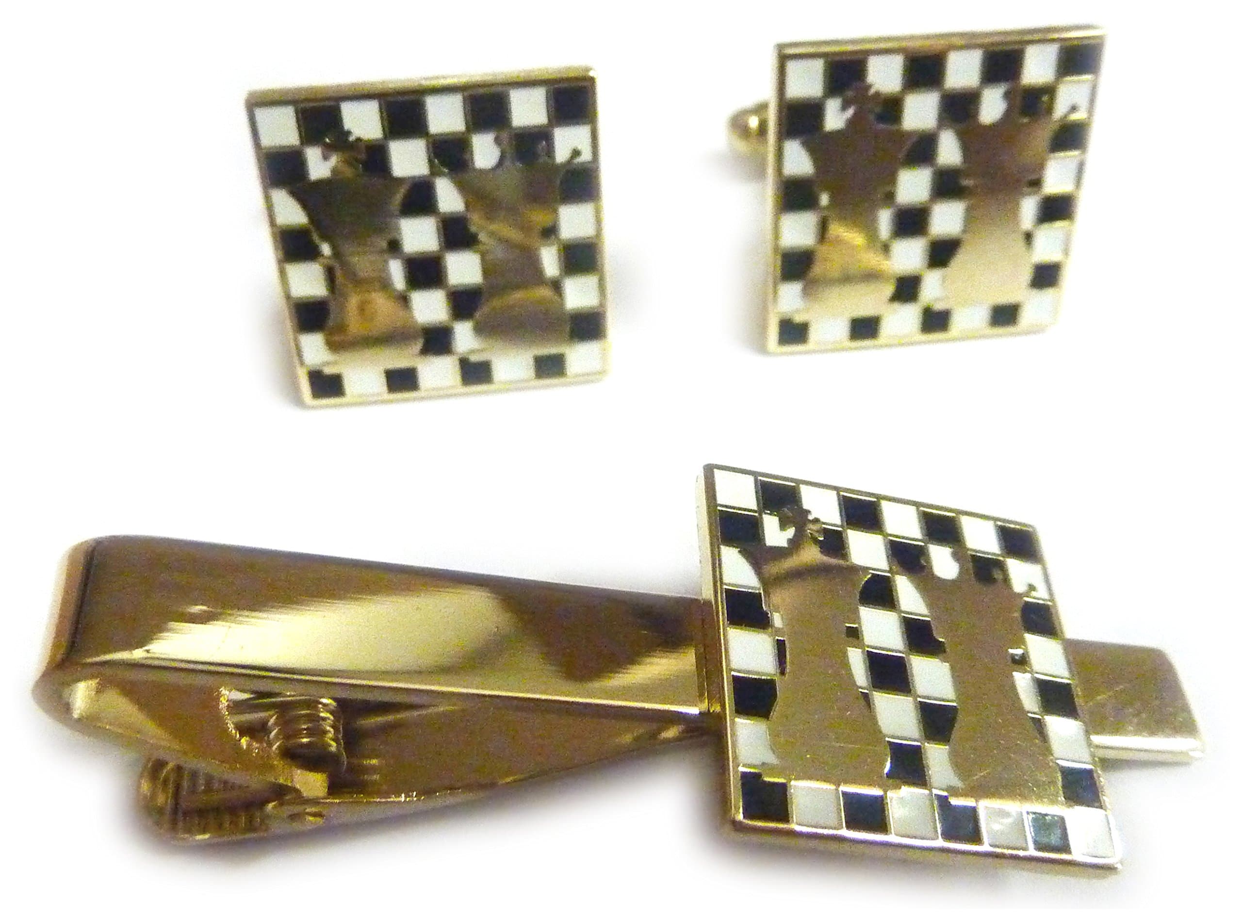 Chess Ajedrez King Queen Checkerboard Suit Tuxedo TIE BAR Clip Cufflinks Set