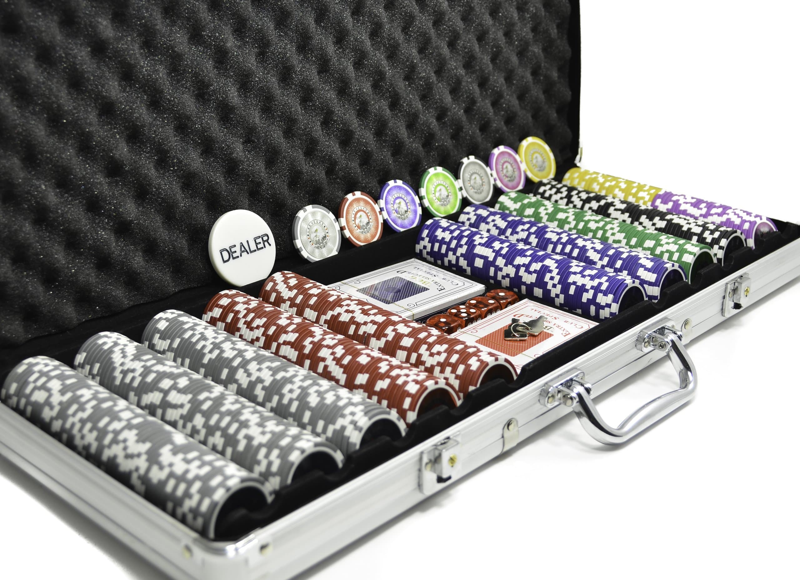 500 14g Eagles Poker Chip Set Clay Composite with Aluminium Case Two Decks of Cards and Dealer Button