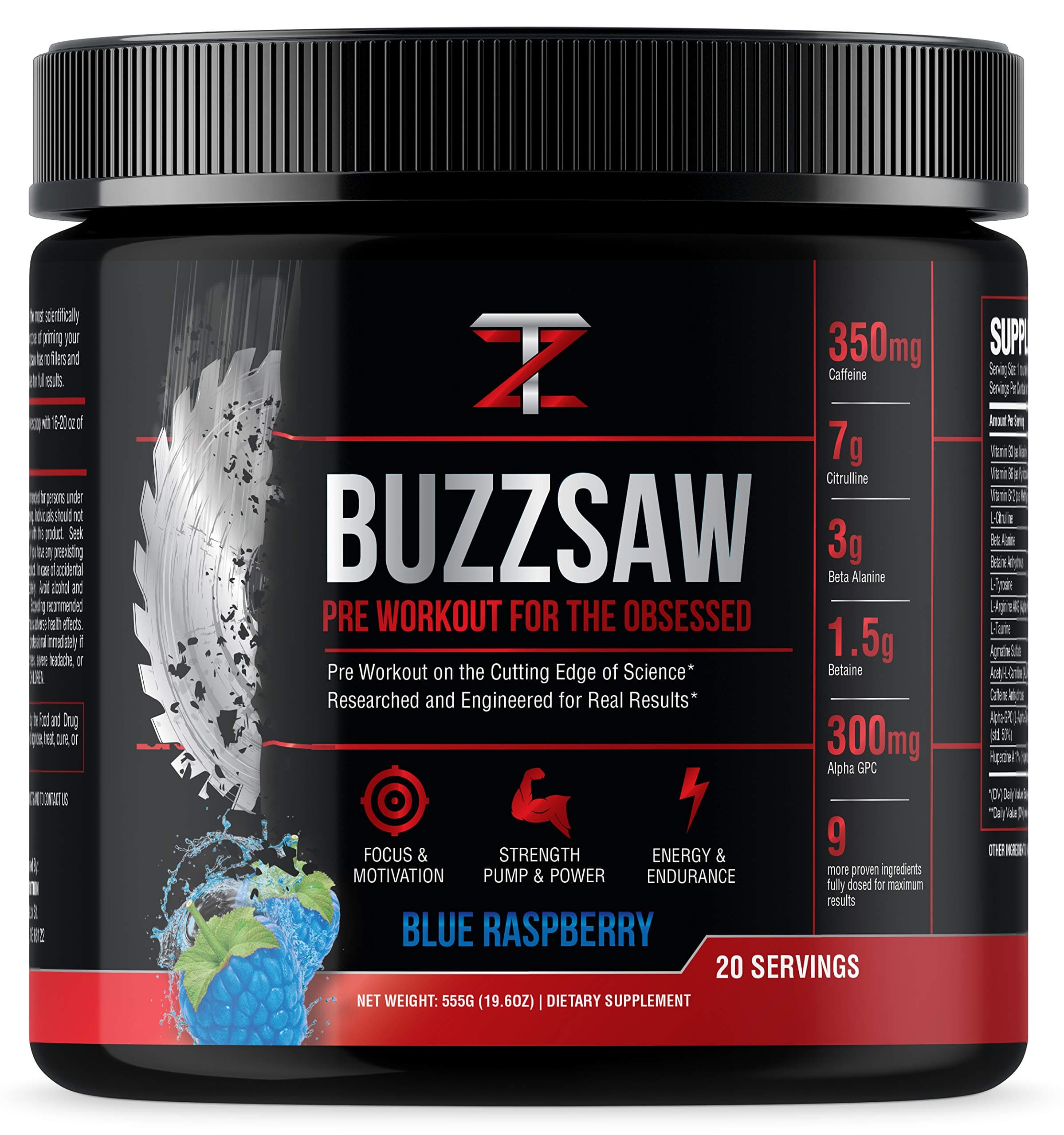 Intense Pre Workout Powder - Powerful Sports Nutrition Preworkout Supplement for Energy, Focus, Pump, Performance - Buzzsaw, 20 Servings, Blue Raspberry (Do Not Take 2 Scoops)