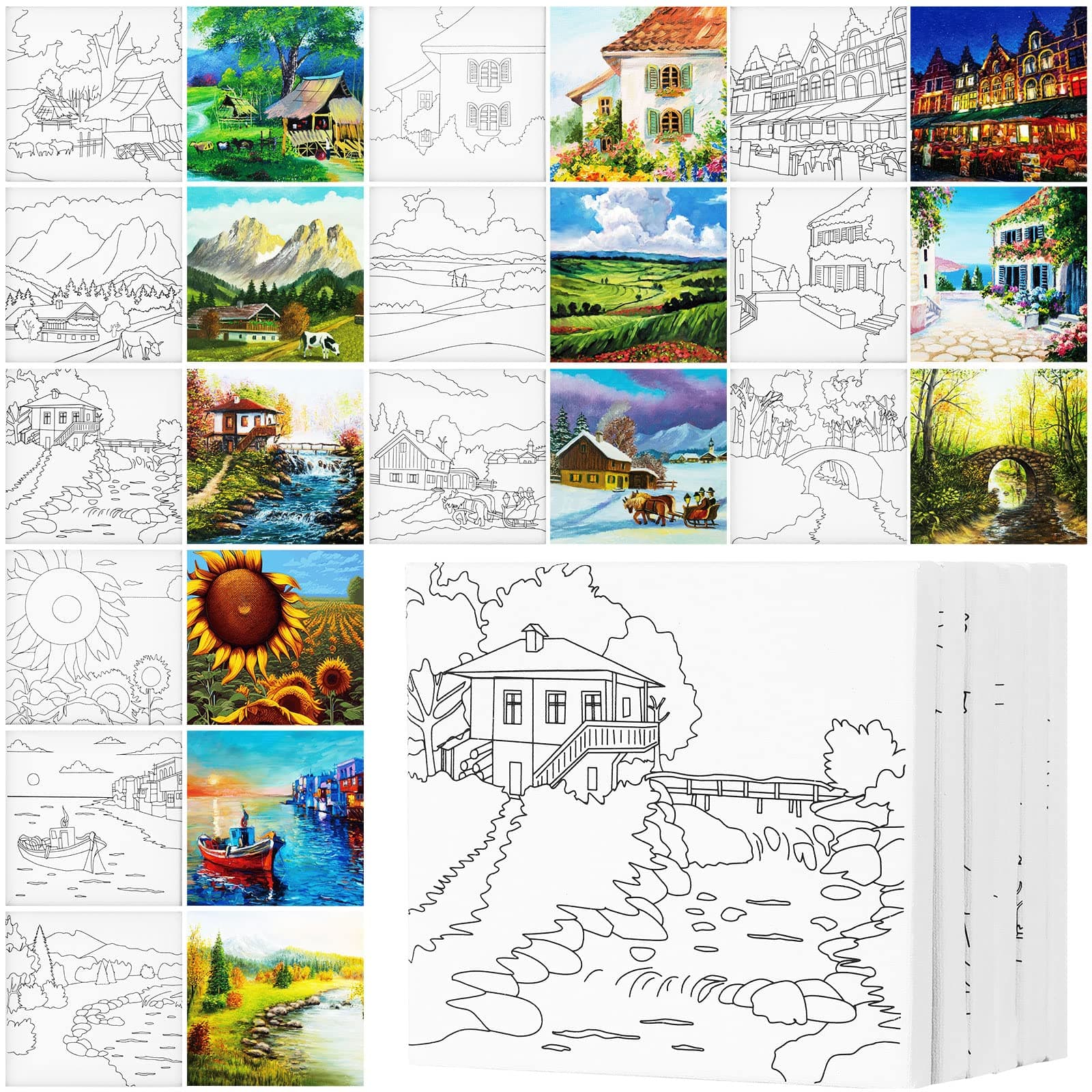 Teling 12 Pcs Pre Drawn Stretched Canvas Kit for Adults Painting Pre Printed Canvas Outline for DIY Painting Party Favor,6 x 6 x 0.6 Inches(Landscape)