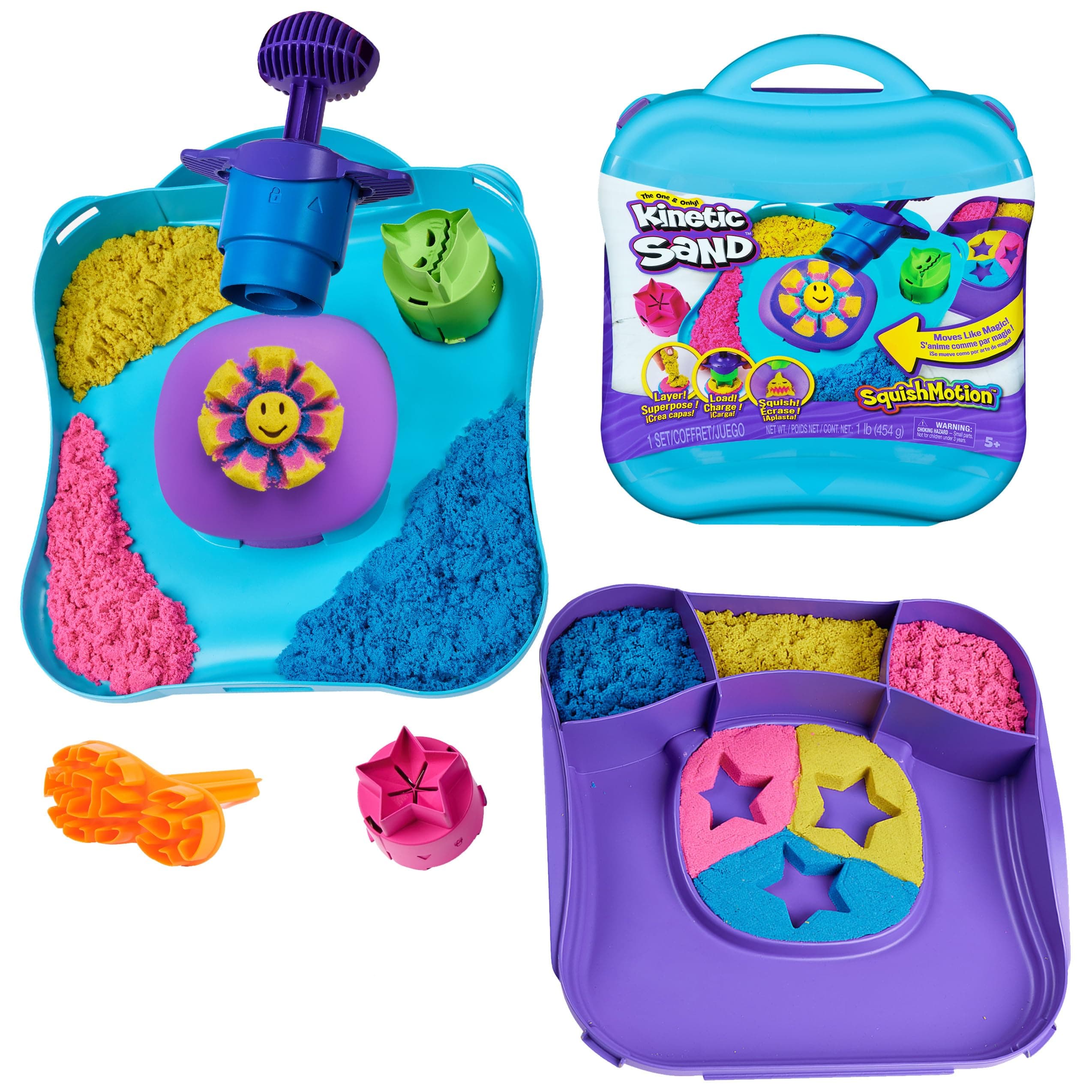 Kinetic Sand, SquishMotion with 1lb Pink, Yellow & Blue Play Sand, Stamper & 5 Tools, Storage Case, Sensory Toys for Kids Ages 5 and up