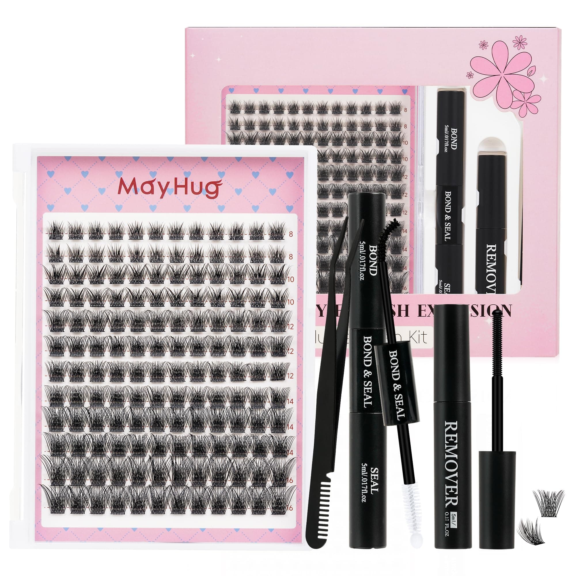 MayHug Cluster Lashes Kit Natural Wispy 9-16mm Lashes 144Pcs Individual Eyelashes D Curl Cluster Lashes DIY Lash Extensions at Home(4 in1 SilkMist Kit)