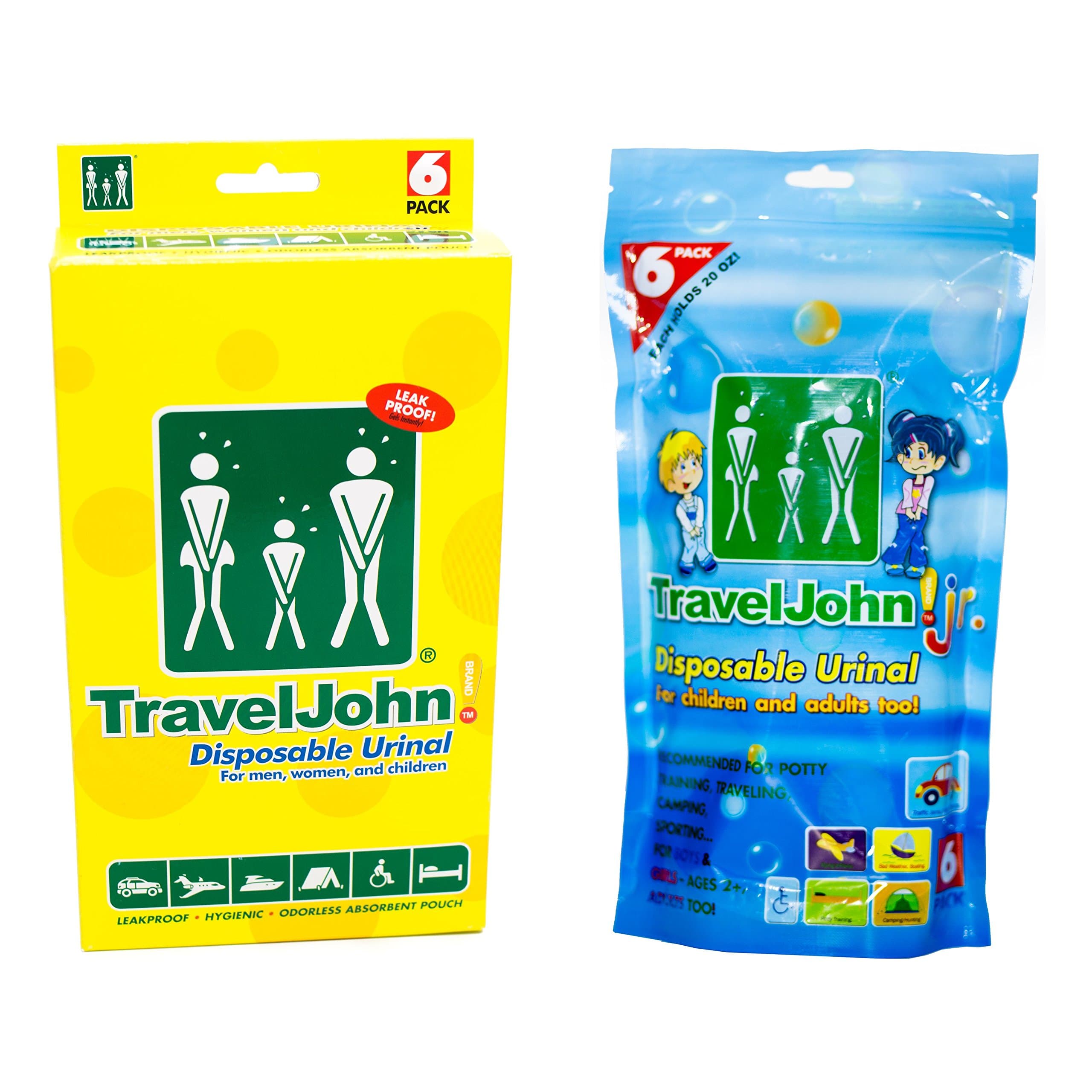 Travel John Disposable Urinal Family Pack for Men, Women & Children - Portable Resealable Urine Bags for Traveling, Camping, Hiking - Odorless, Hygienic, Non-Toxic - Bundle of 6 John and 6 Jr