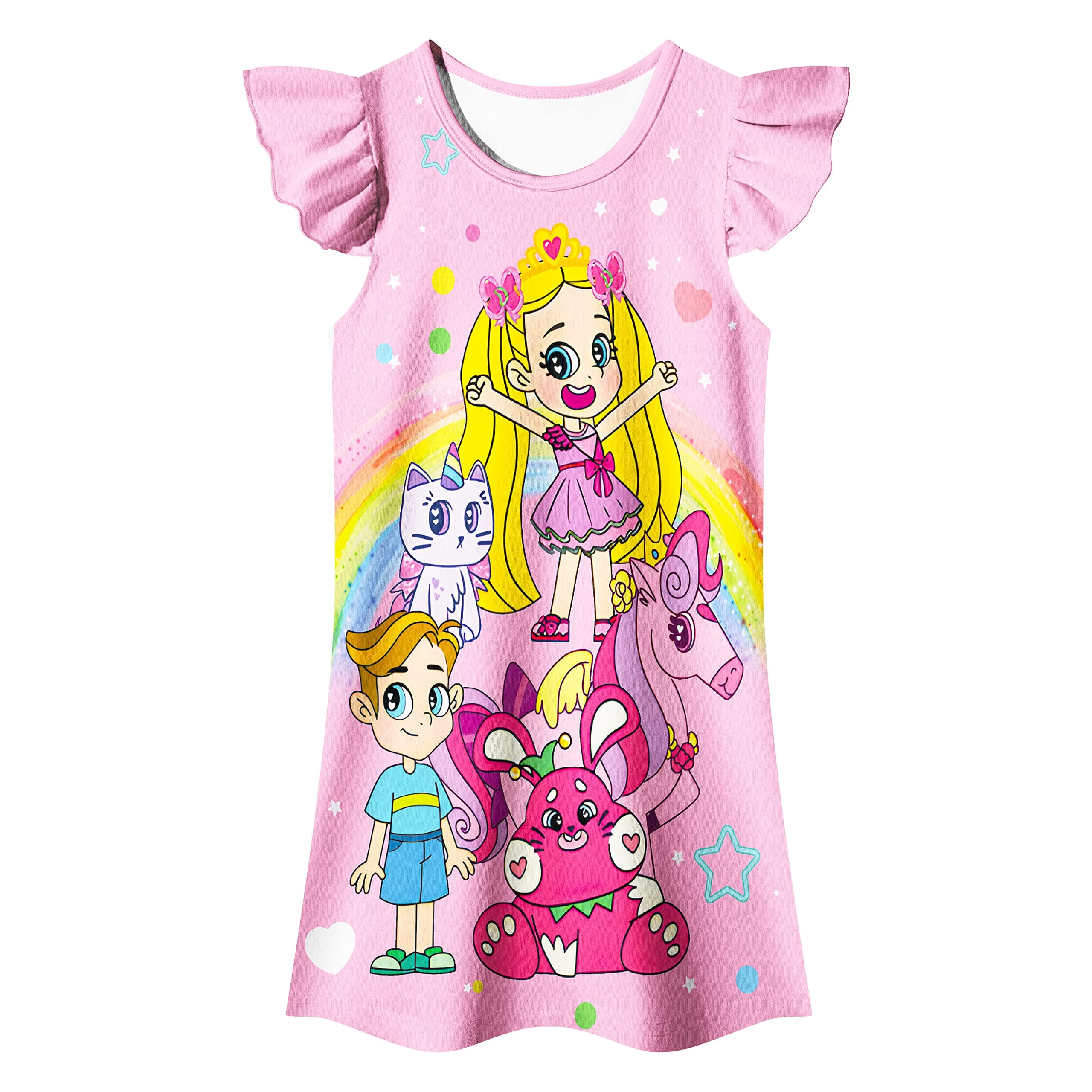 DIDADIToddler Girls Princess Clothes Gown Dress Flutter Sleeve Cartoon Printed Home Casual Wear Birthday Gift for Girls