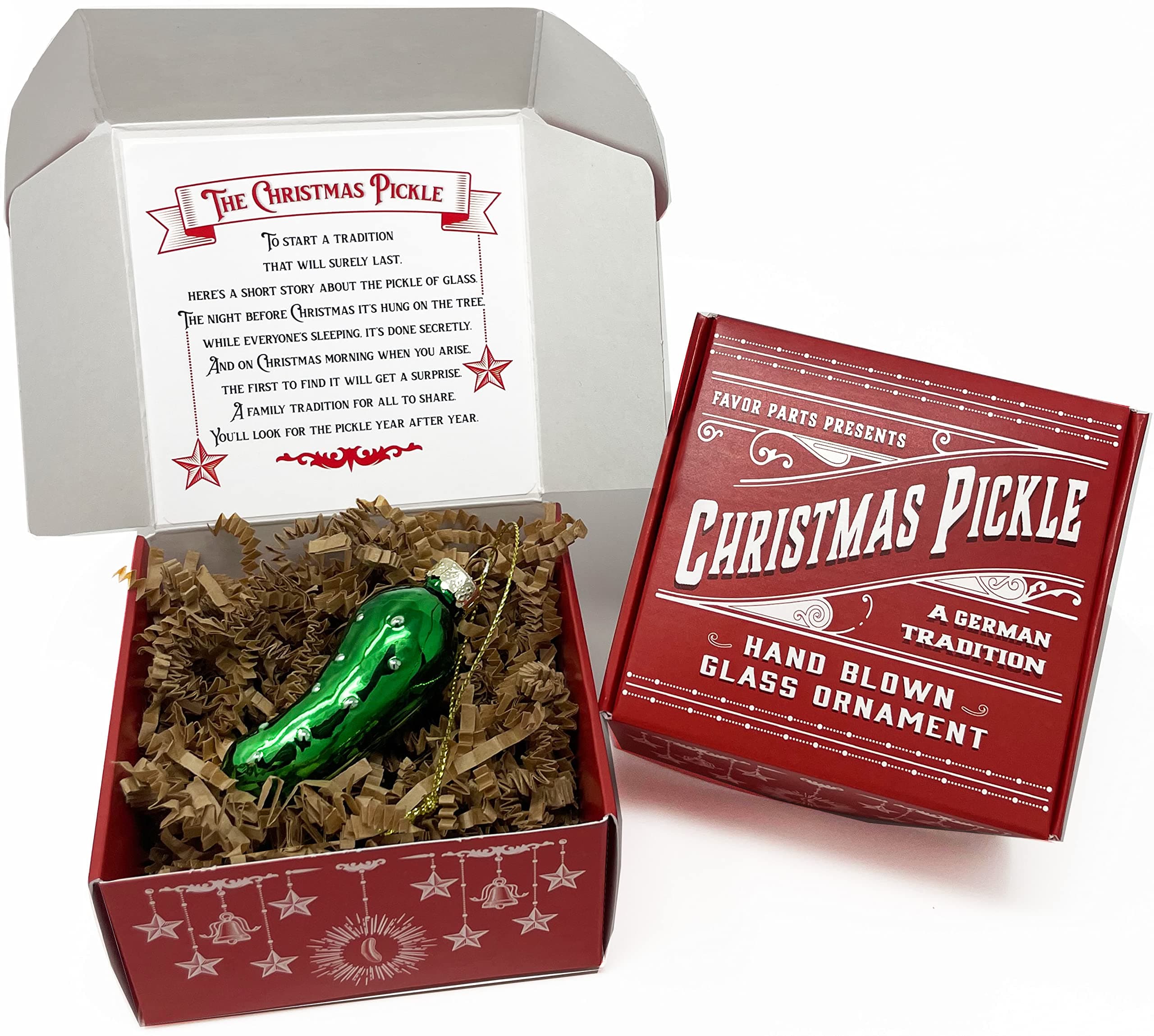 German Christmas Pickle Ornament Tradition Decor - Green Glass Tree Decoration - Gift Boxed with Story & Legend