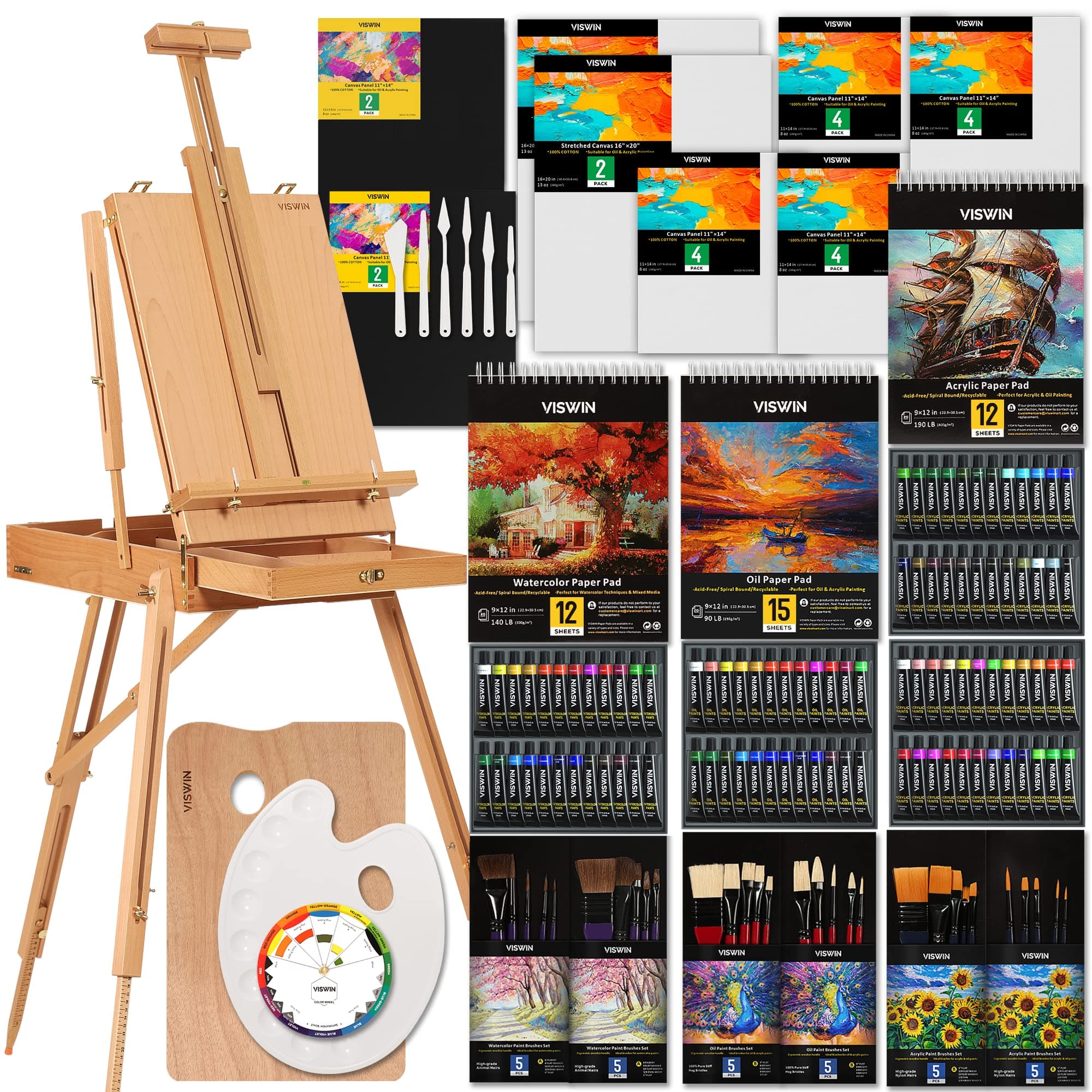 VISWIN Professional All-in-One Art Painting Kit with Beech Wood French Easel, 96 Acrylic, Watercolor & Oil Paint Set, Canvases, Painting Set with Supplies for Adults, Artists, Beginners