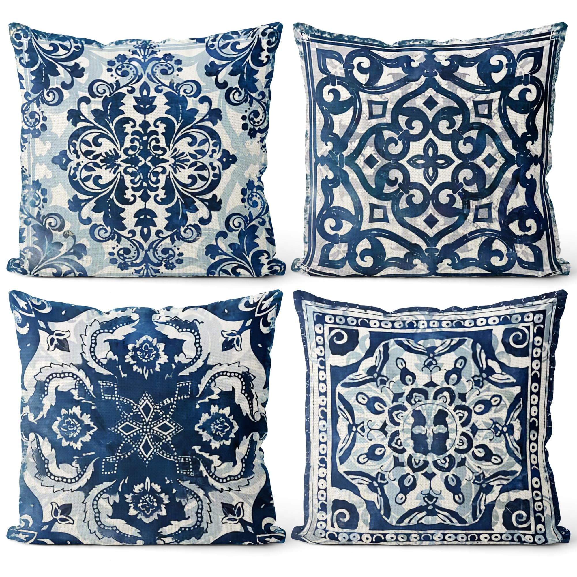 Vintage Blue and White Throw Pillow Covers 18x18 Set of 4, Retro Boho Ethnic Navy Blue Moroccan Tile Mediterranean Decorative Pillow Covers for Home Room, Chinoiserie Decor Pillowcases