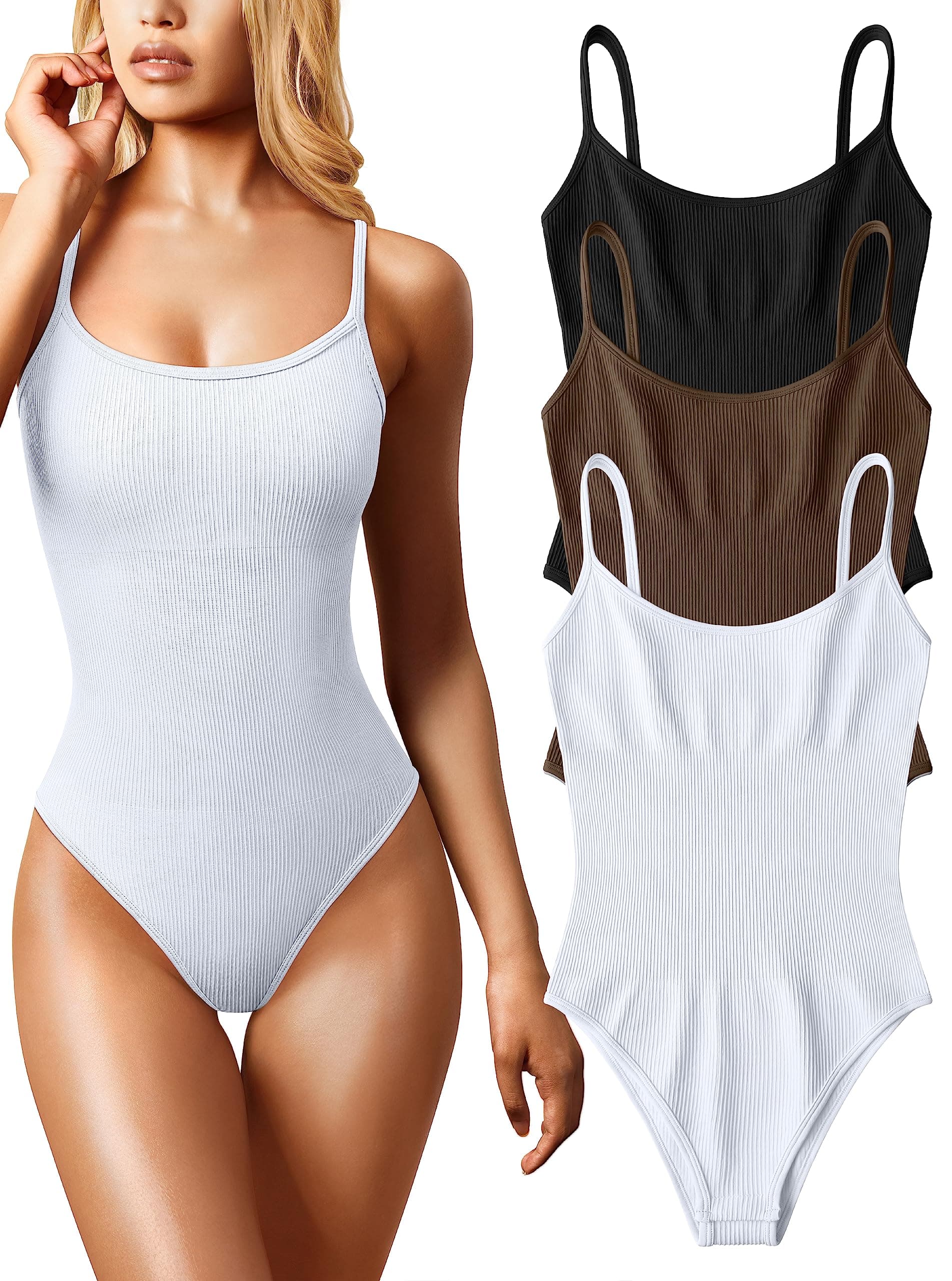 OQQWomen's 3 Piece Bodysuits Sexy Ribbed Sleeveless Adjustable Spaghetti Strips Tops Leotard 2025 Summer