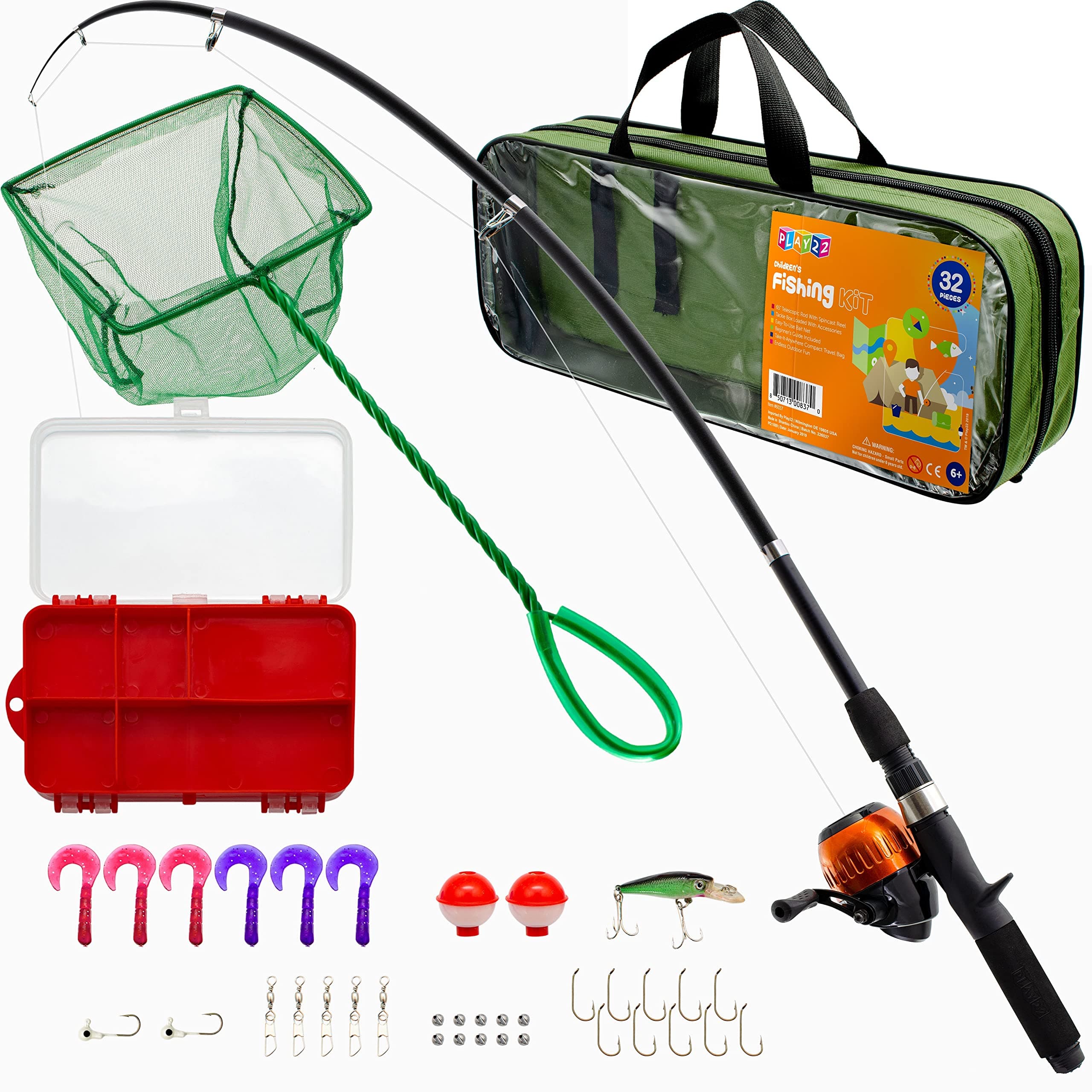 Play22 Fishing Pole For Kids - 32 Set Kids Fishing Rod Combos - Kids Fishing Poles Includes Fishing Tackle, Fishing Gear, Fishing Lures, Net, Carry On Bag, Fully Fishing Equipment - For Boys And Girls