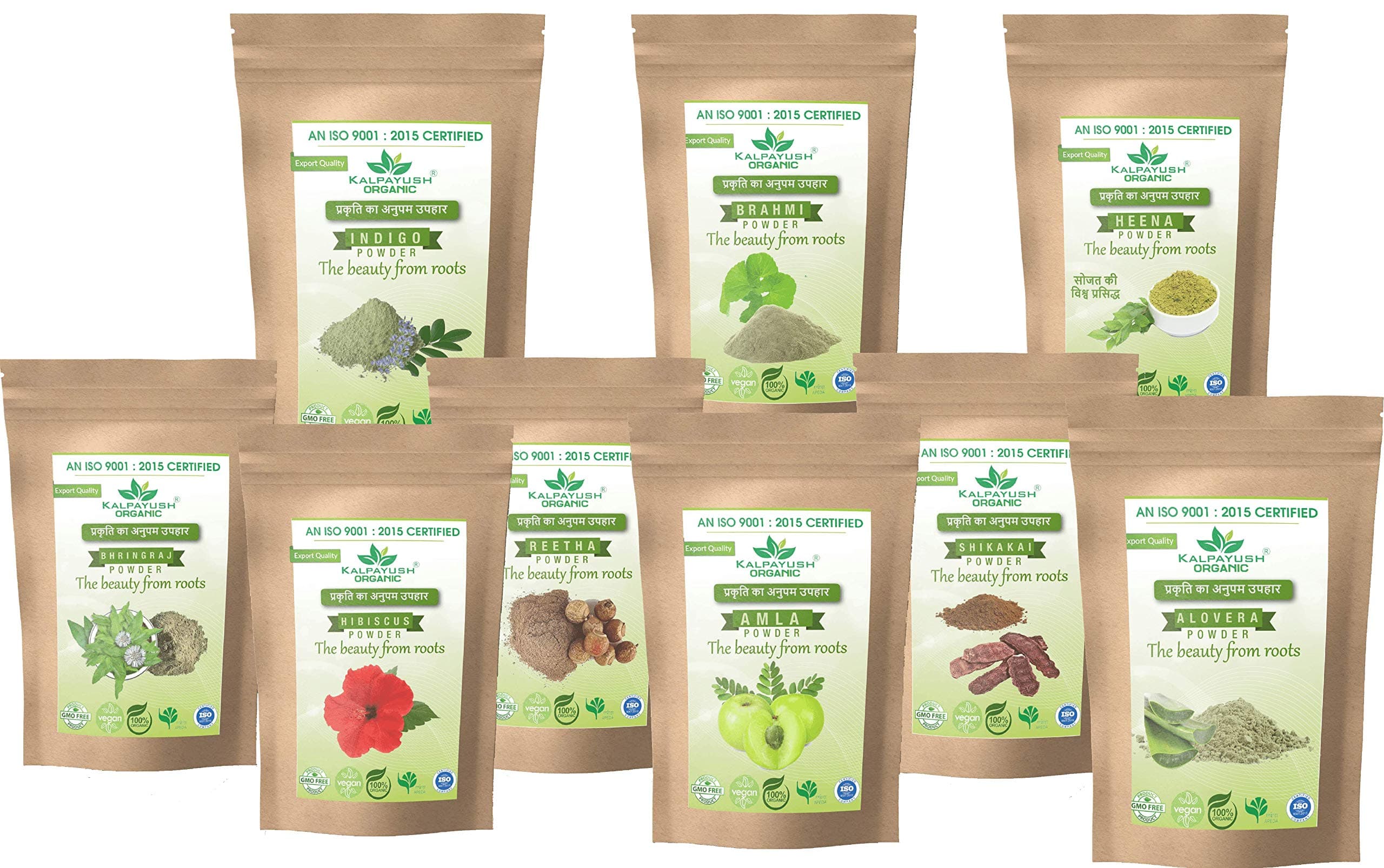 KALPAYUSH Brahmi Powder, Hibiscus Powder, Indigo Powder, Heena Powder, Amla Powder, Bhringraj Powder, Shikakai Powder, Aritha/Reetha Powder Natural Hair Colour (Pack Of 9) Each 50G - Black, All