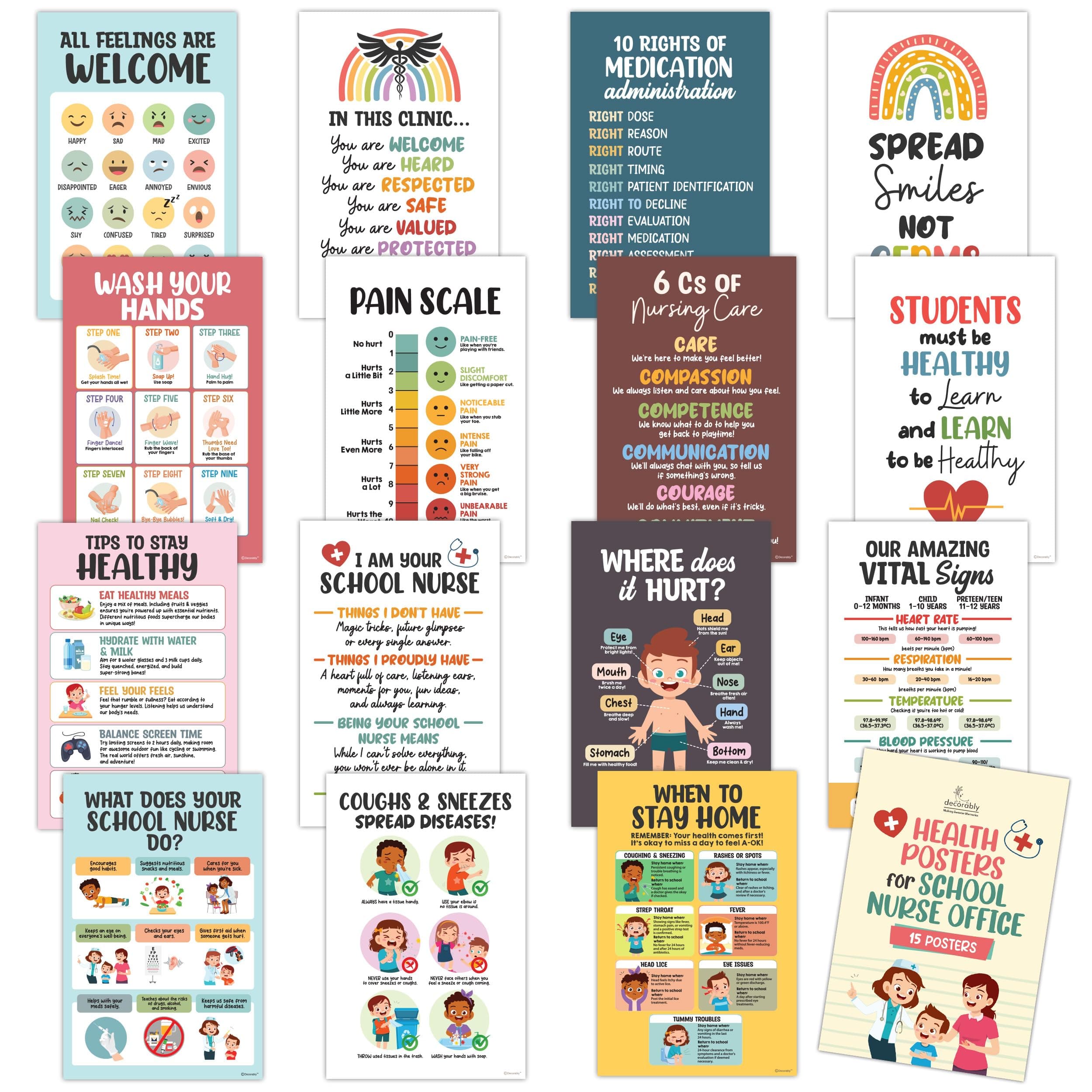Decorably 15 Health Posters for School Nurse Office Decor, 11x17in Matte-Laminated Educational & Learning Decorations - for School, Hallways, Bulletin Boards, Home Study Room