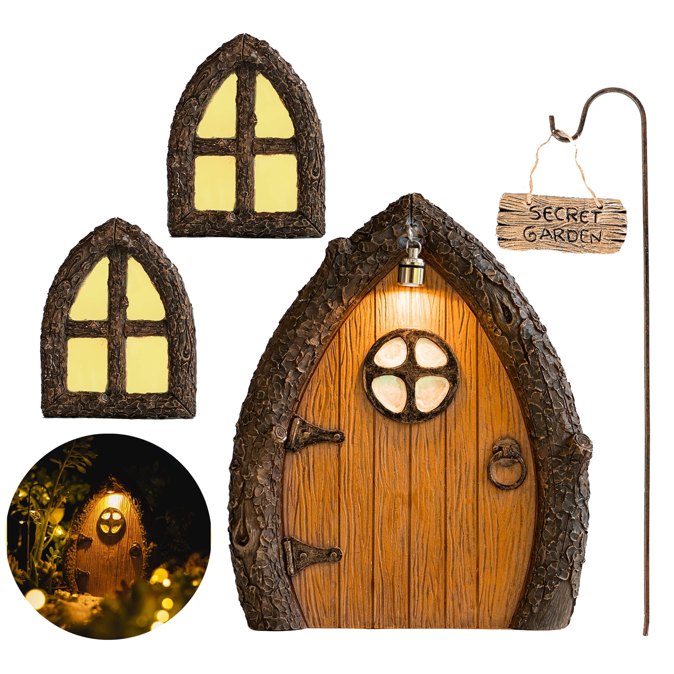 Tree Poetry Fairy Door and Windows for – Glow in The Dark Yard Art Sculpture Decoration for Kids Room, Wall and Outdoor | Miniature Fairy Garden Outdoor Decor Accessories with Secret Garden Sign