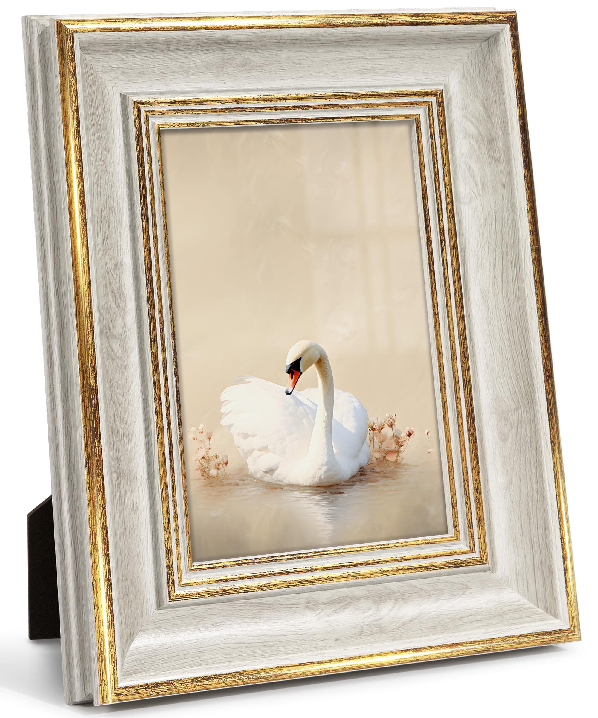Afuly 6x4 Photo Frame Vintage in Gold and Off White for Desk Wall Hanging Antique Distresssed Retro Chic