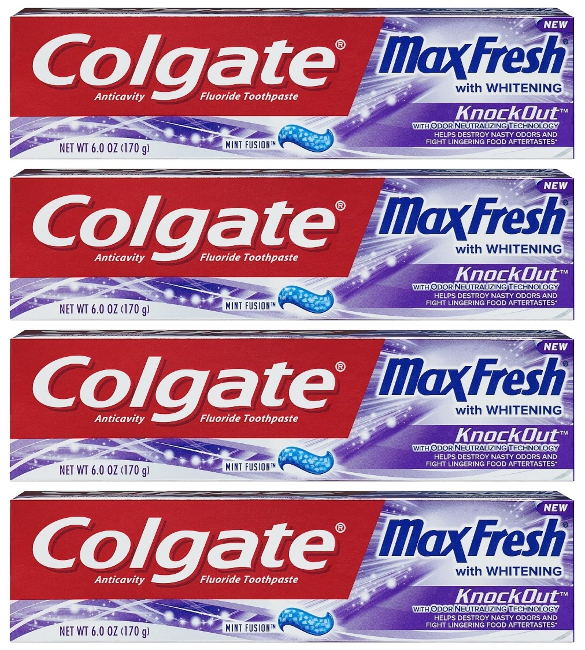 Max Fresh Toothpaste - KnockOut - With Odor Neutralizing Technology - Net Wt. 6 OZ (170 g) Per Tube - Pack of 4 Tubes