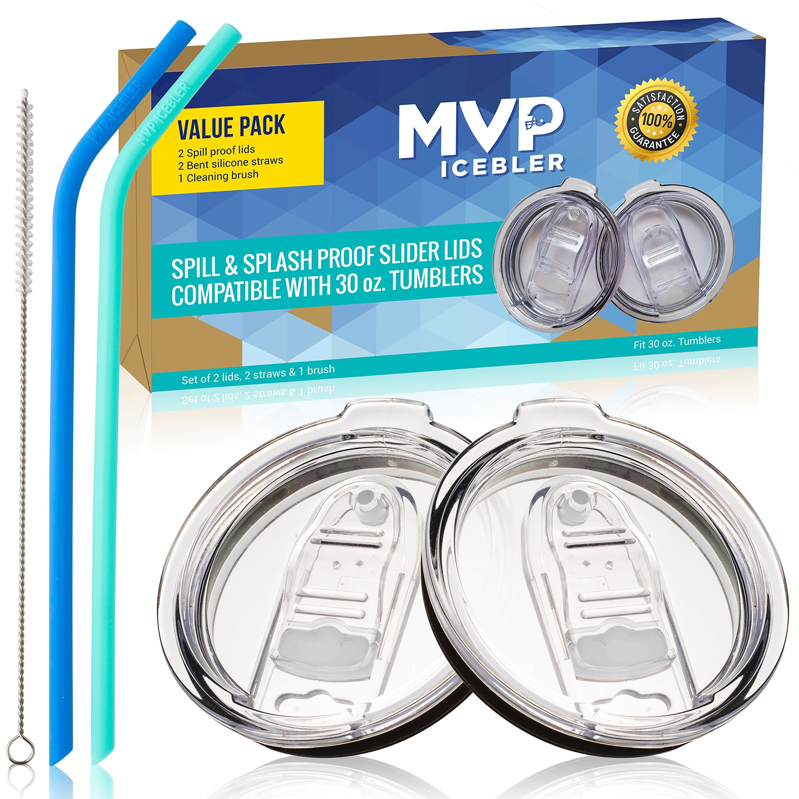 2 Spill Proof Lids for 30 oz Tumbler, No Leak Splash Proof Replacement Slider Lid w/ Air Flow Vent Hole, Compatible with 30 oz Yeti Rambler Lid, Ozark Lid, w/ 2 Straws and a Brush, by MVP ICEBLER