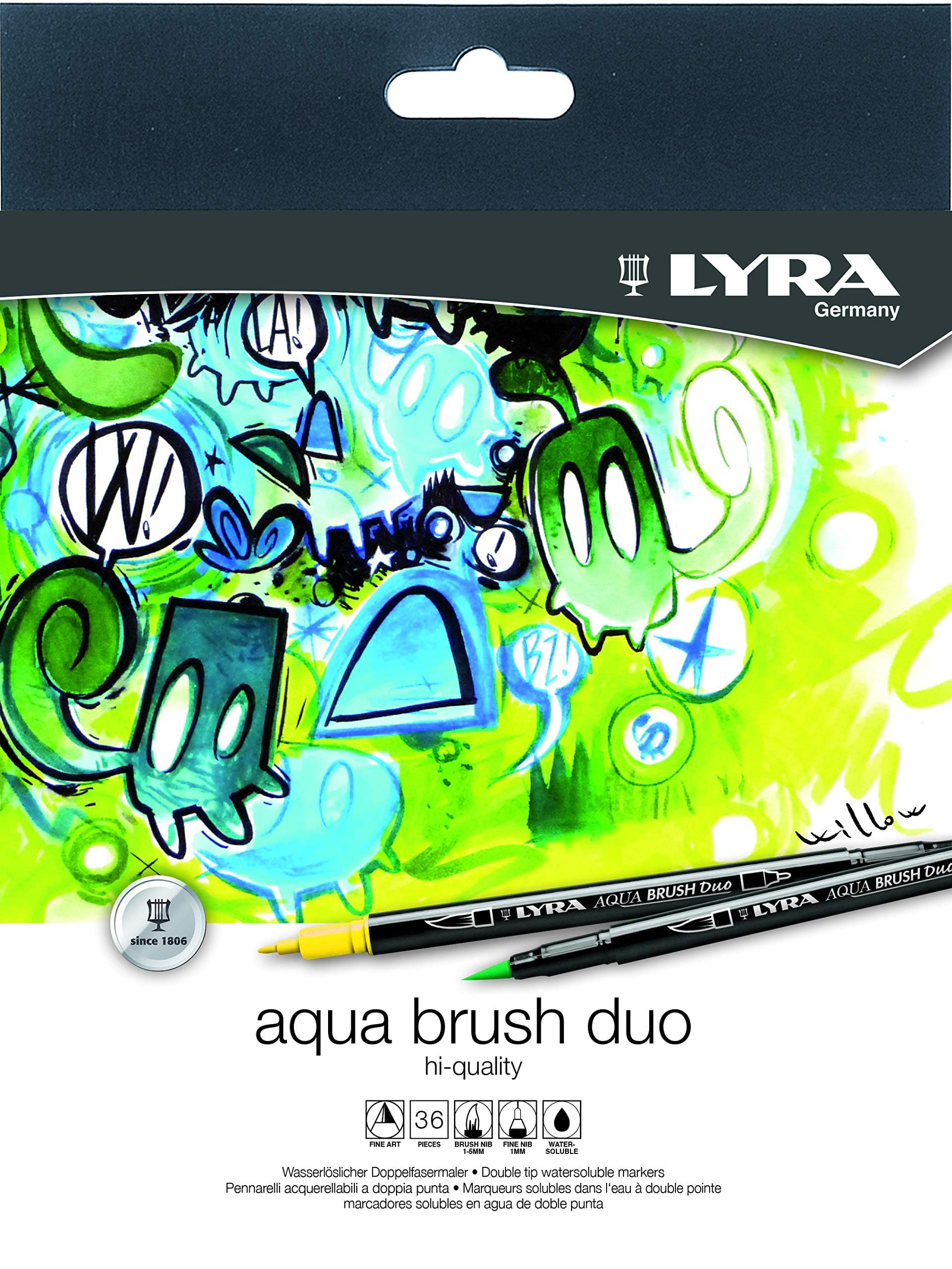 LYRA Aqua Brush Duo, Fine Art Brush Marker Set, Dual Tip, 36 Assorted Colours, Water Soluble Pens, For Professionals & Students