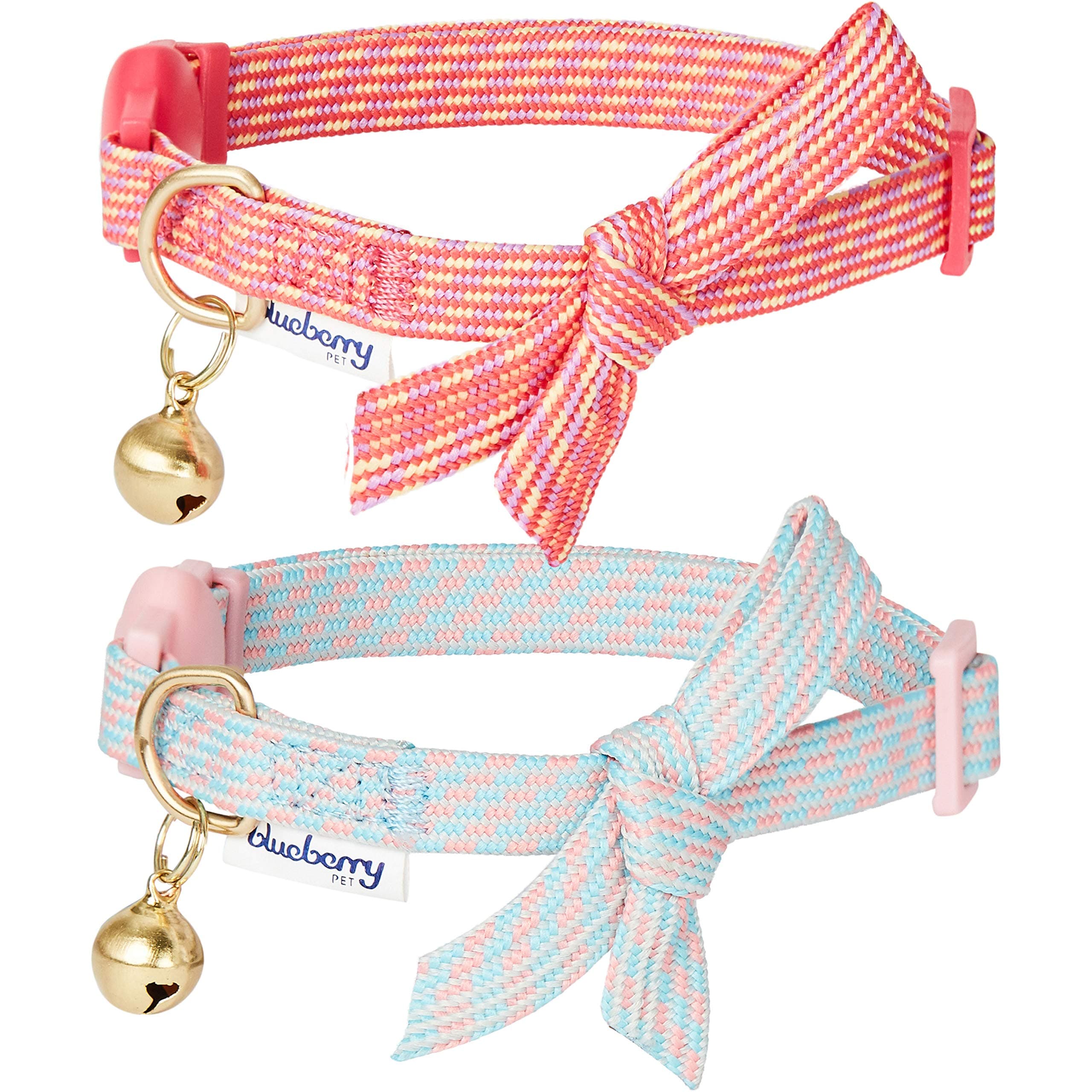 Blueberry Pet 3 Colors Breakaway Cat Collars with Bell & Bowtie, 2 Pack, Pink & White, Cute Diagonal Striped Bow Collar for Boy Girl Cats, Neck 9"-13"